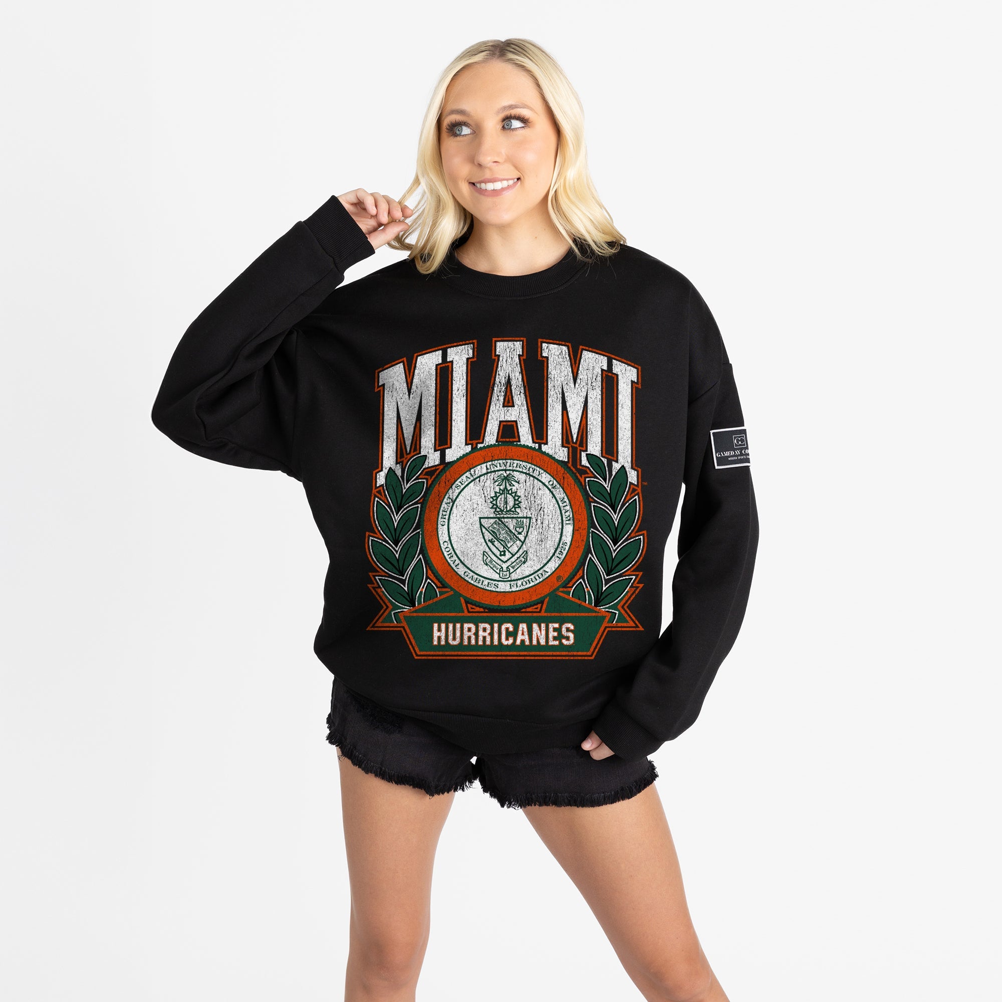MIAMI HURRICANES VICTORY LANE BLACK LABEL PREMIUM FLEECE DROP SHOULDER CREWNECK
