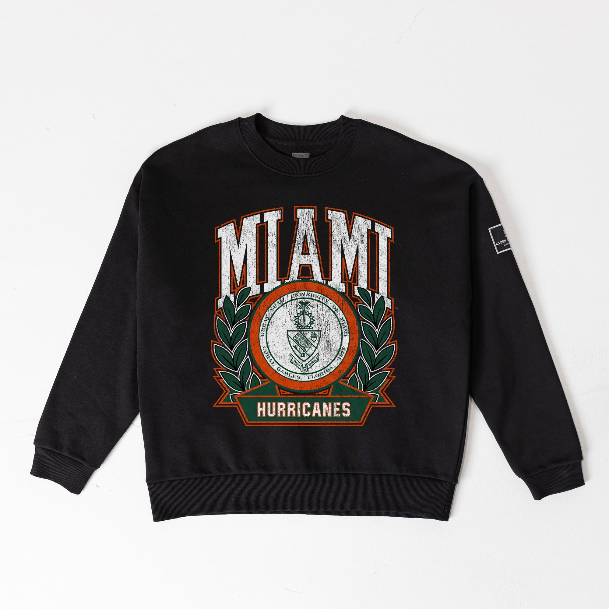 MIAMI HURRICANES VICTORY LANE BLACK LABEL PREMIUM FLEECE DROP SHOULDER CREWNECK