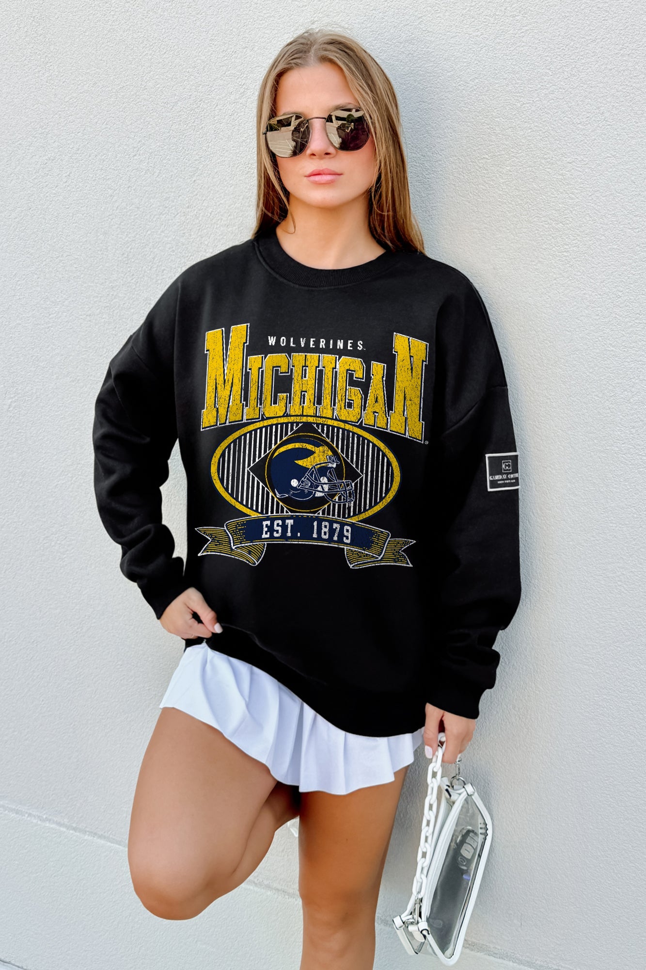 MICHIGAN WOLVERINES BOLD CHEERS BLACK LABEL PREMIUM FLEECE CREW SWEATSHIRT