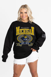 MICHIGAN WOLVERINES BOLD CHEERS BLACK LABEL PREMIUM FLEECE CREW SWEATSHIRT