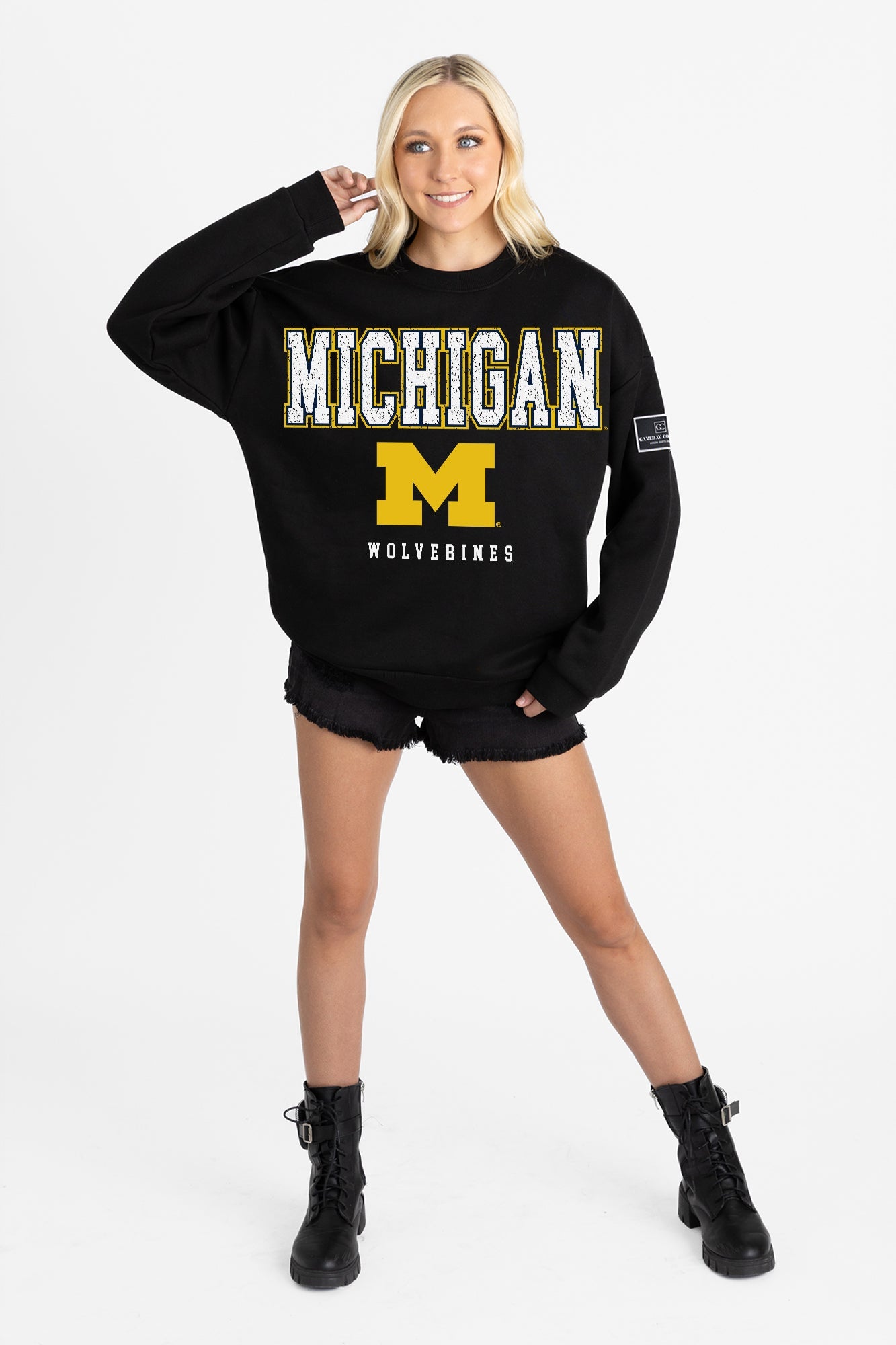 MICHIGAN WOLVERINES LEVEL UP BLACK LABEL PREMIUM FLEECE CREW SWEATSHIRT