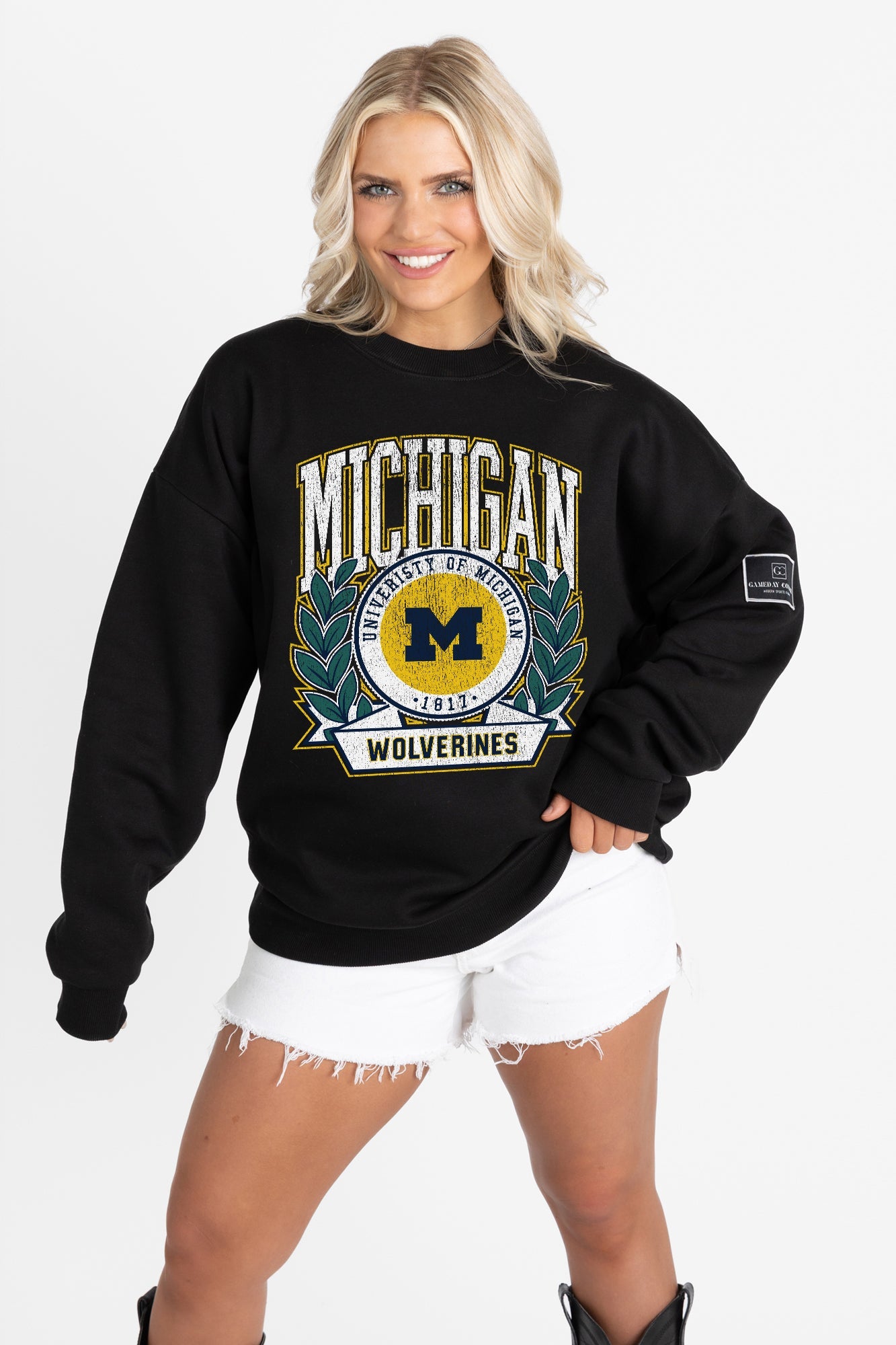 MICHIGAN WOLVERINES VICTORY LANE BLACK LABEL PREMIUM FLEECE CREW SWEATSHIRT