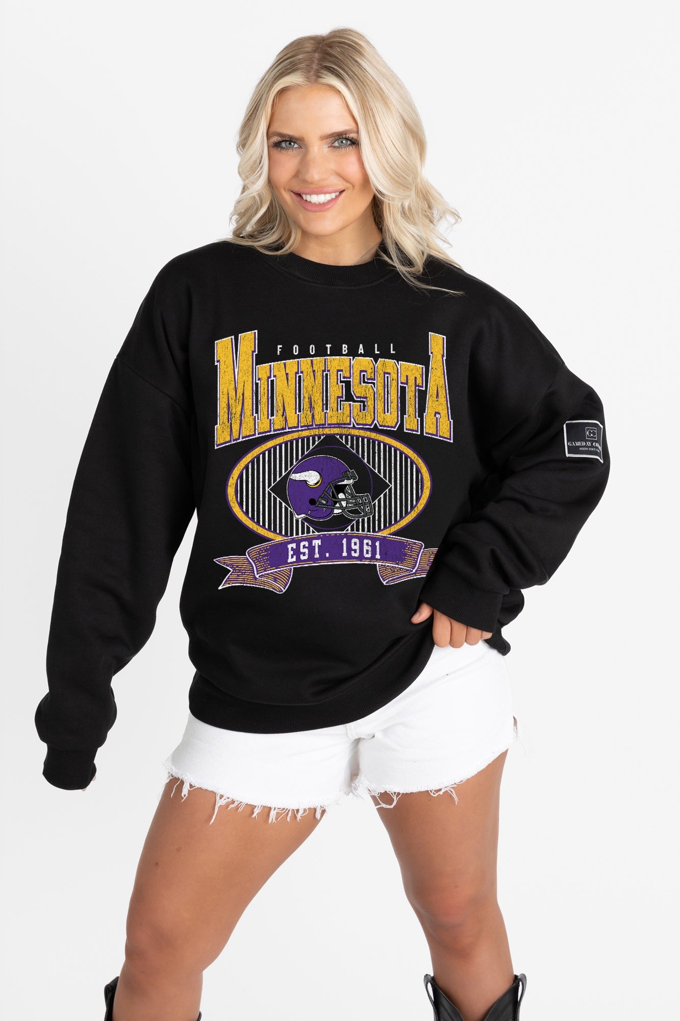 MINNESOTA VIKINGS BOLD CHEERS BLACK LABEL PREMIUM FLEECE CREW SWEATSHIRT
