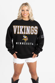 MINNESOTA VIKINGS LEVEL UP BLACK LABEL PREMIUM FLEECE CREW SWEATSHIRT