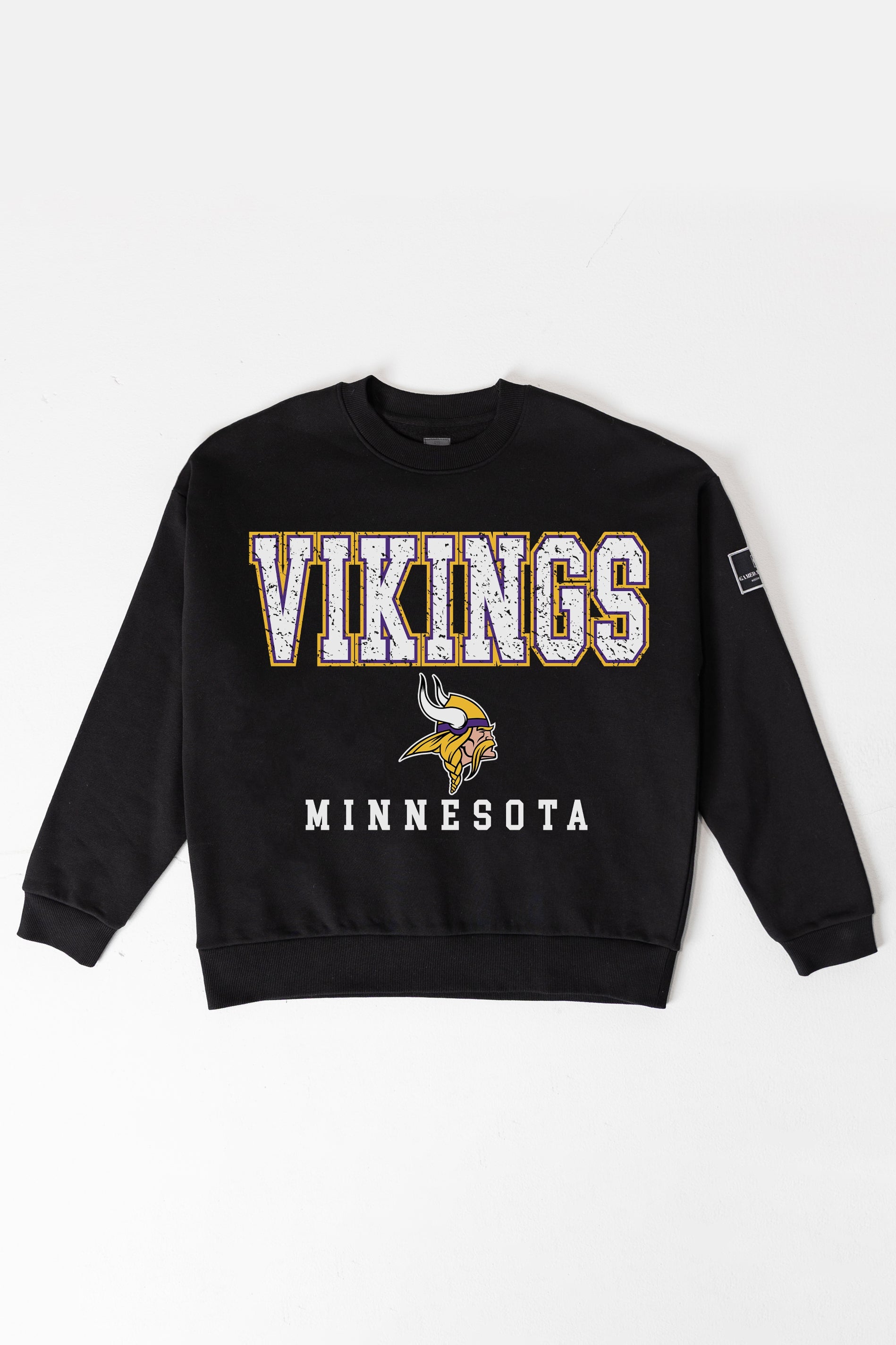 MINNESOTA VIKINGS LEVEL UP BLACK LABEL PREMIUM FLEECE CREW SWEATSHIRT