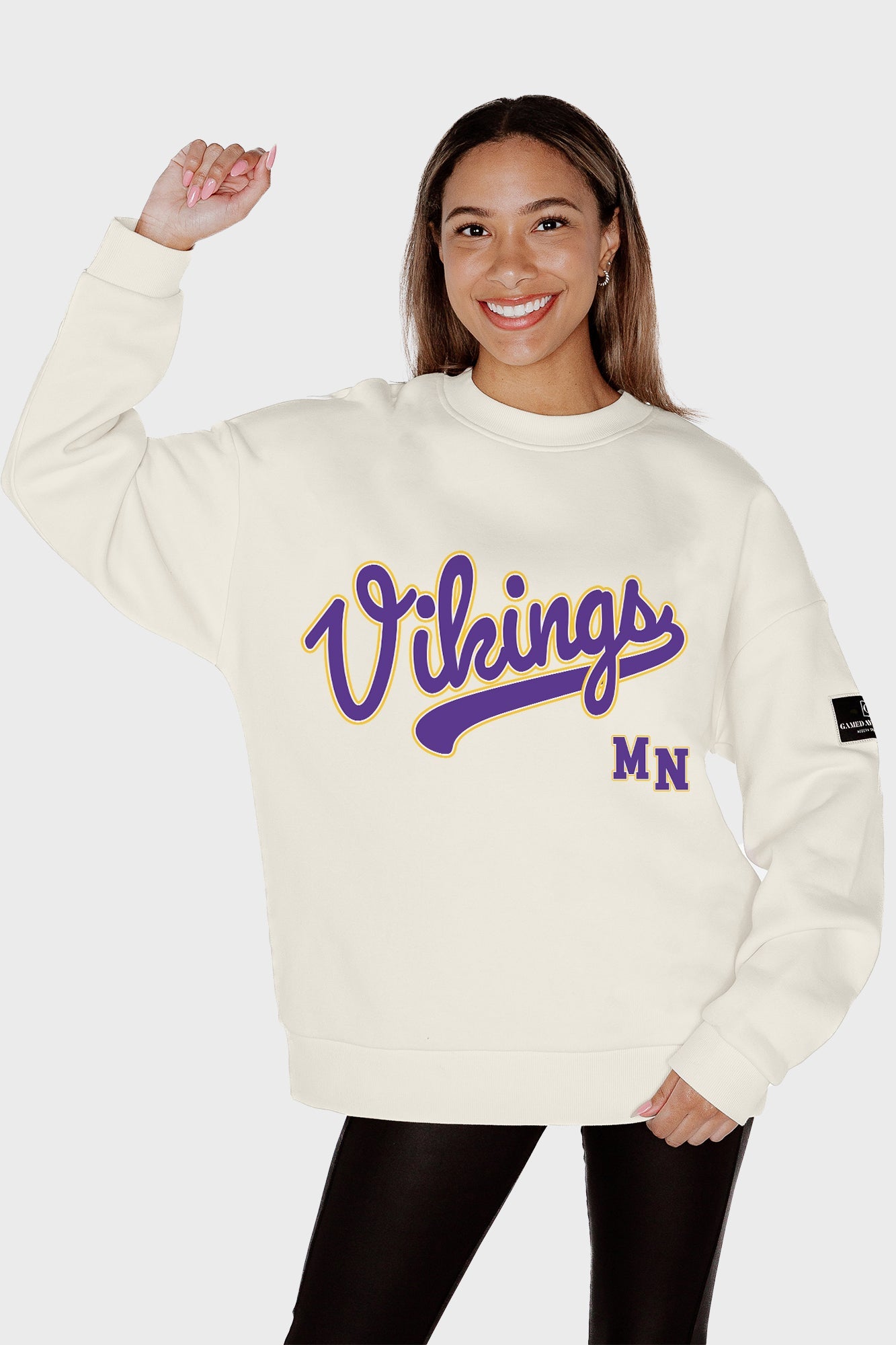 MINNESOTA VIKINGS CLUTCH MOVE BLACK LABEL PREMIUM FLEECE CREW SWEATSHIRT BY RANDI MAHOMES