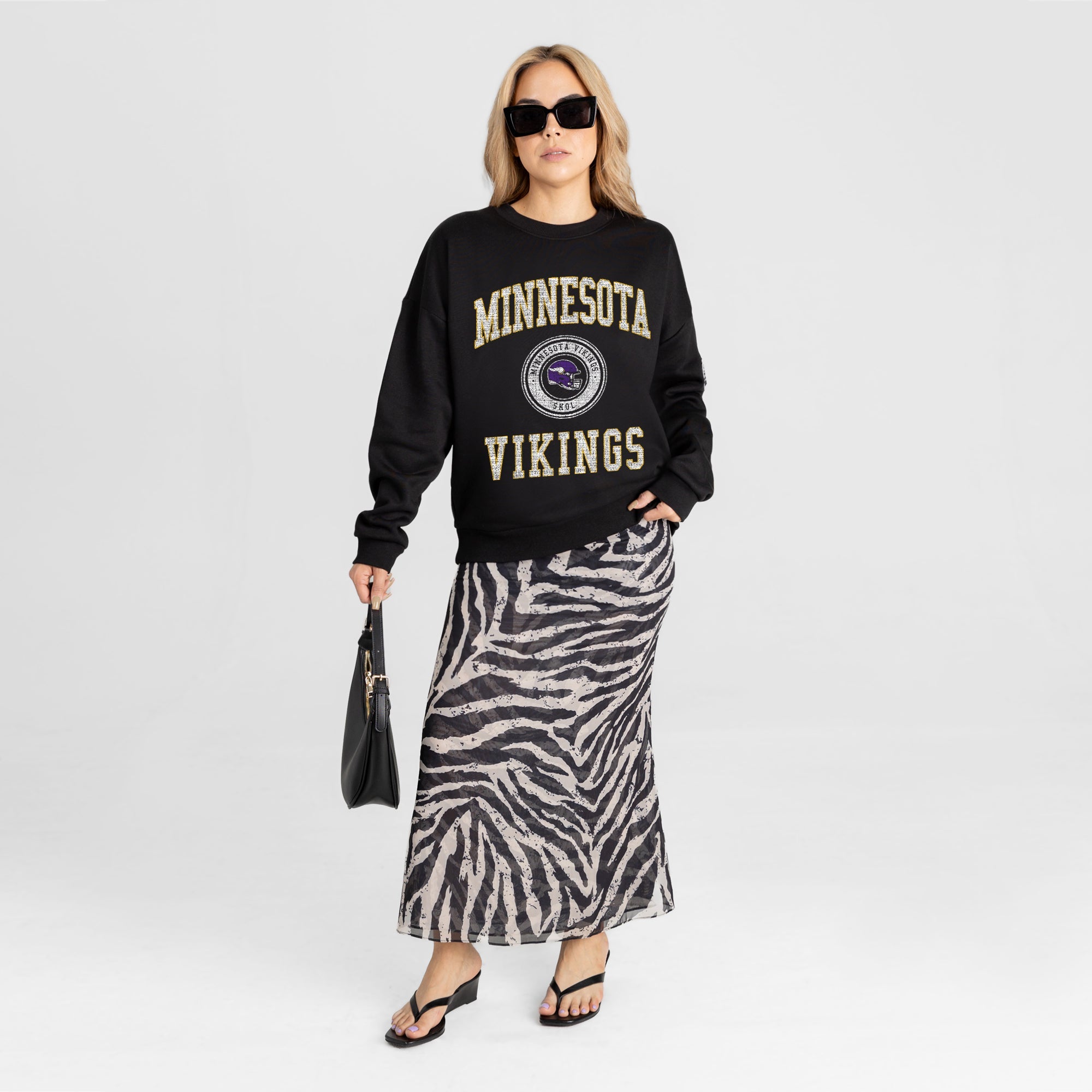 MINNESOTA VIKINGS FIERCE FLOW BLACK LABEL PREMIUM FLEECE DROP SHOULDER CREWNECK