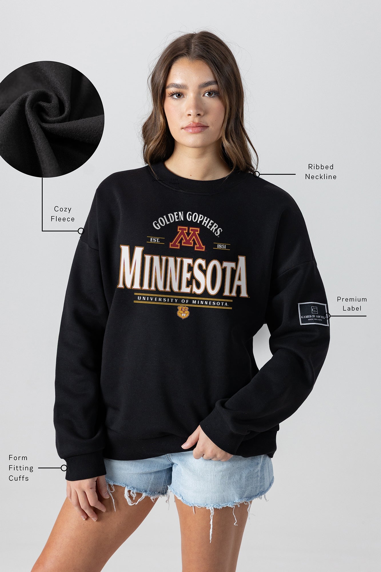 MINNESOTA GOLDEN GOPHERS PLAYERS ONLY BLACK LABEL PREMIUM FLEECE DROP SHOULDER CREWNECK