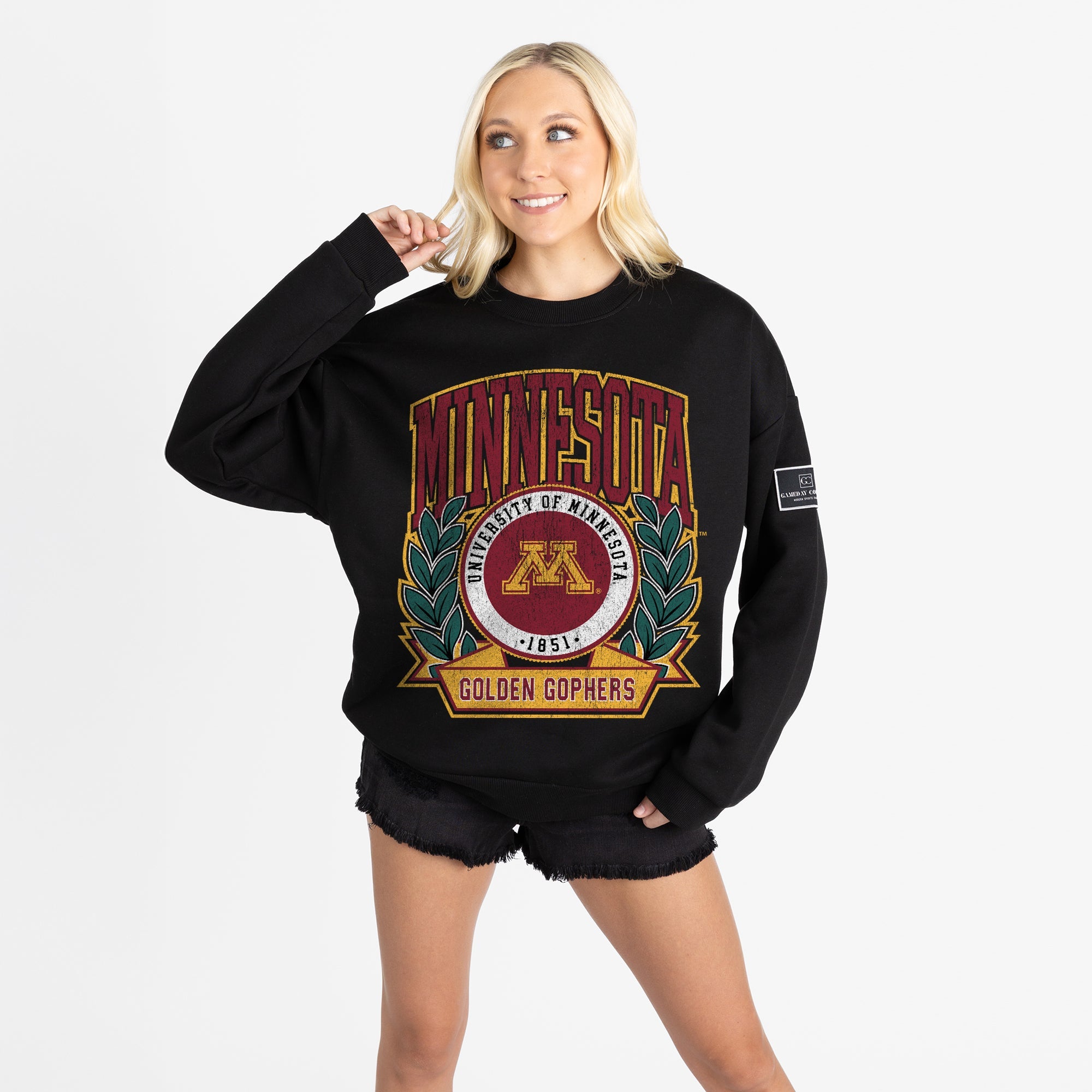 MINNESOTA GOLDEN GOPHERS VICTORY LANE BLACK LABEL PREMIUM FLEECE DROP SHOULDER CREWNECK