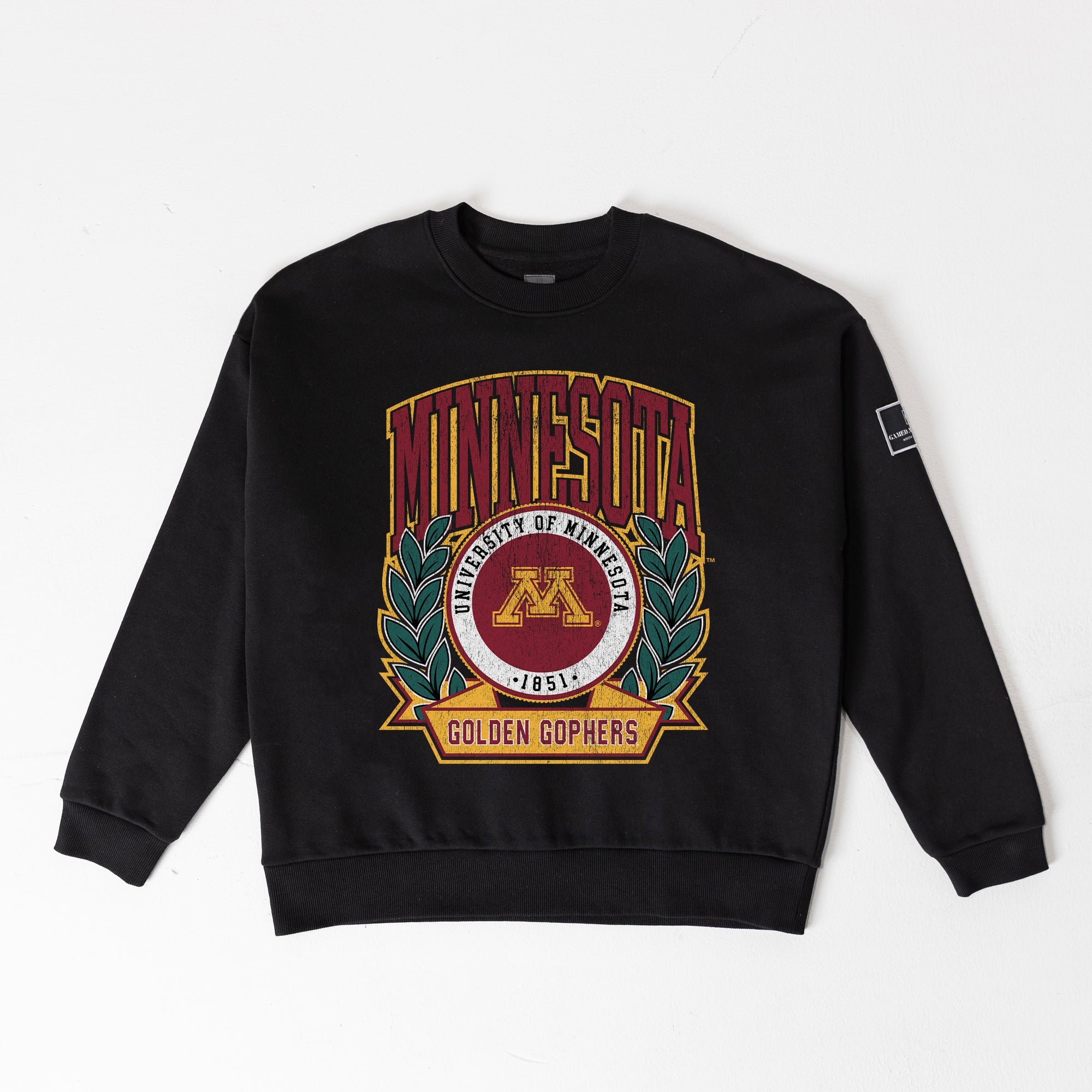 MINNESOTA GOLDEN GOPHERS VICTORY LANE BLACK LABEL PREMIUM FLEECE DROP SHOULDER CREWNECK