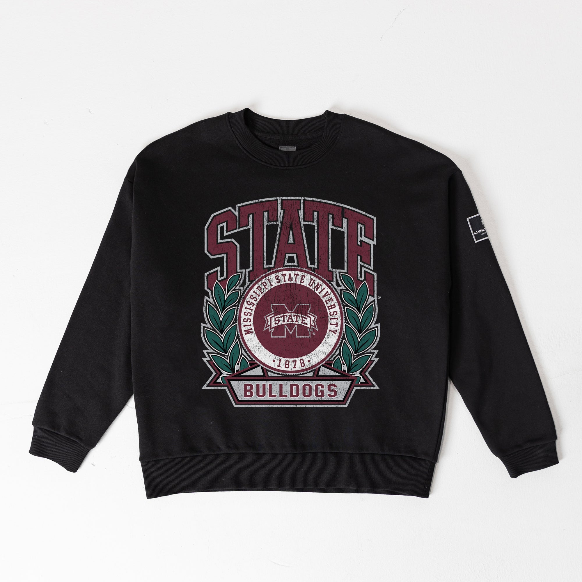 MISSISSIPPI STATE BULLDOGS VICTORY LANE BLACK LABEL PREMIUM FLEECE DROP SHOULDER CREWNECK