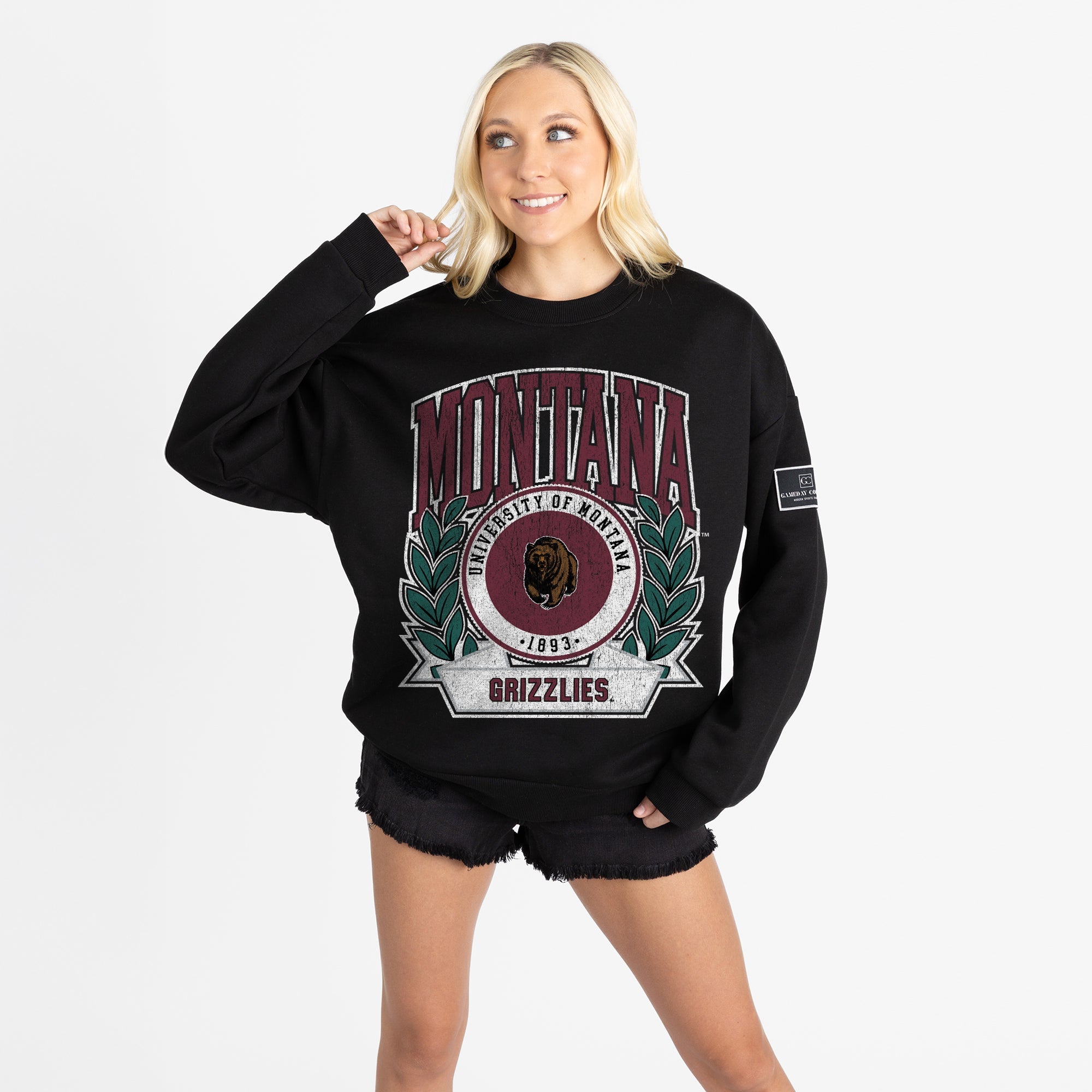 MONTANA GRIZZLIES VICTORY LANE BLACK LABEL PREMIUM FLEECE DROP SHOULDER CREWNECK