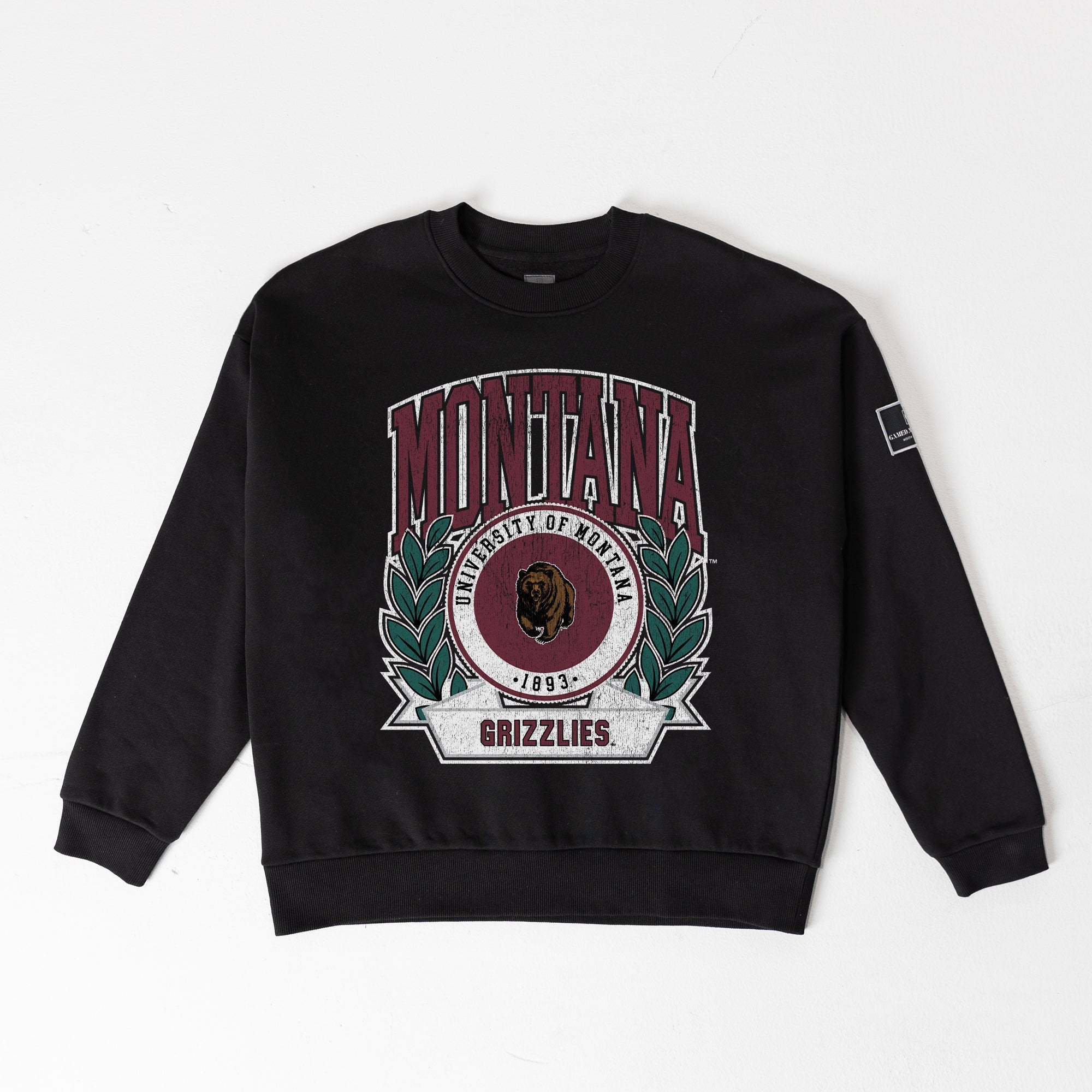 MONTANA GRIZZLIES VICTORY LANE BLACK LABEL PREMIUM FLEECE DROP SHOULDER CREWNECK