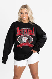 NEBRASKA CORNHUSKERS BOLD CHEERS BLACK LABEL PREMIUM FLEECE CREW SWEATSHIRT