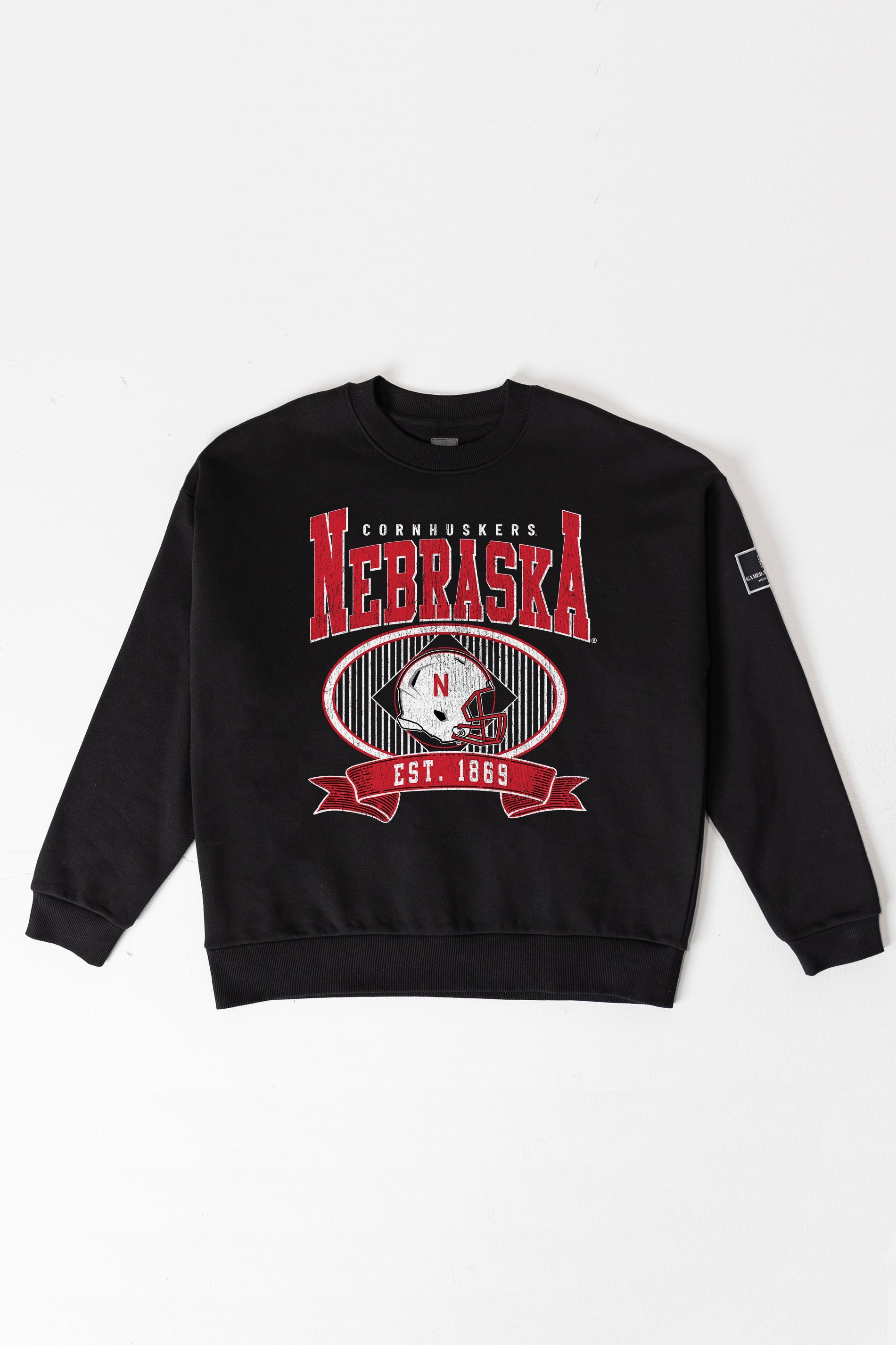 NEBRASKA CORNHUSKERS BOLD CHEERS BLACK LABEL PREMIUM FLEECE CREW SWEATSHIRT