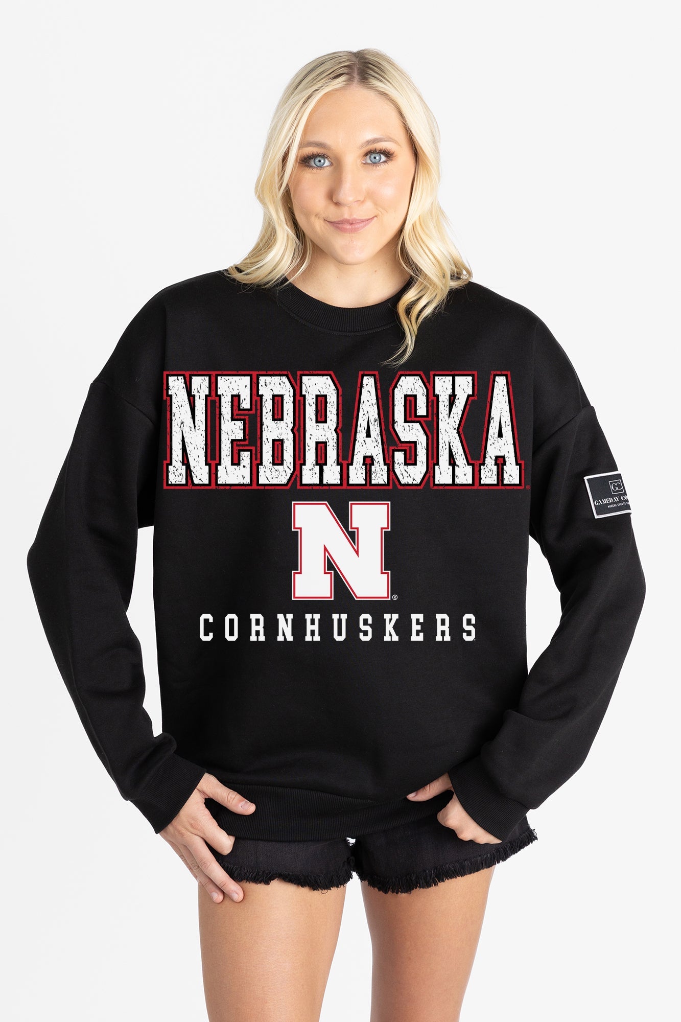 NEBRASKA CORNHUSKERS LEVEL UP BLACK LABEL PREMIUM FLEECE CREW SWEATSHIRT