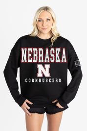 NEBRASKA CORNHUSKERS LEVEL UP BLACK LABEL PREMIUM FLEECE CREW SWEATSHIRT