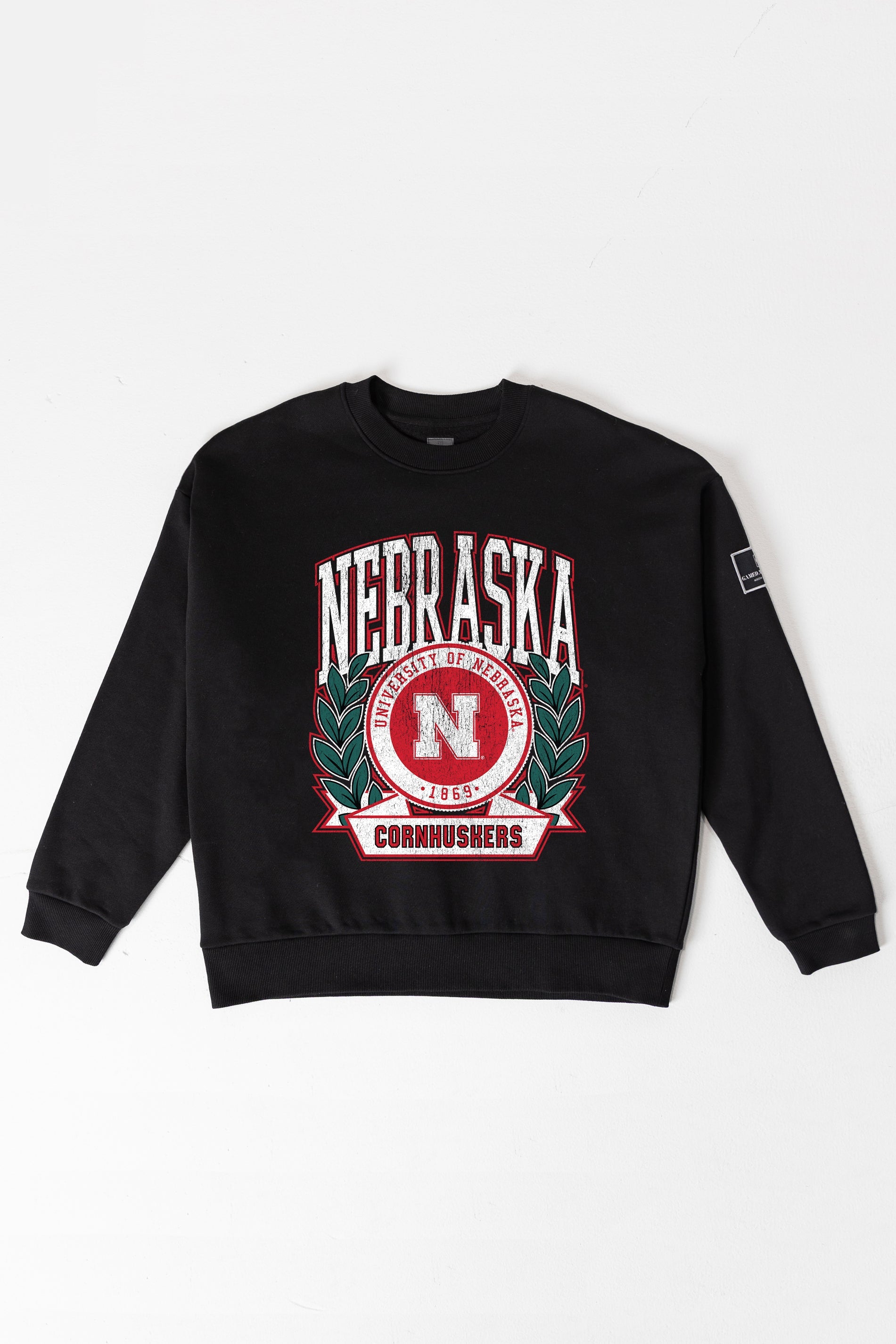 NEBRASKA CORNHUSKERS VICTORY LANE BLACK LABEL PREMIUM FLEECE CREW SWEATSHIRT