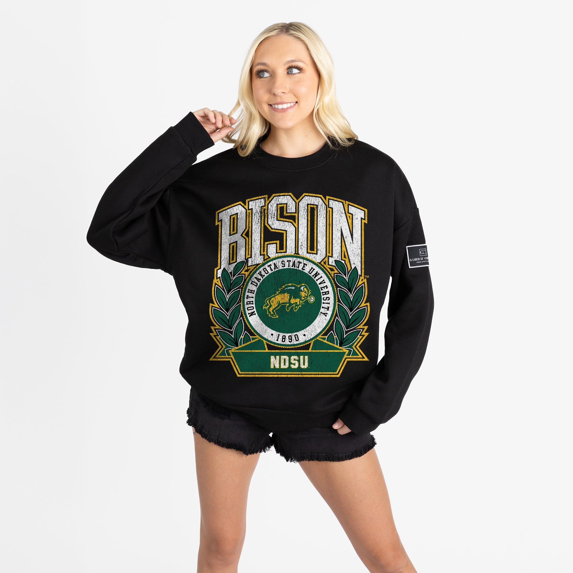 NORTH DAKOTA STATE BISON VICTORY LANE BLACK LABEL PREMIUM FLEECE DROP SHOULDER CREWNECK