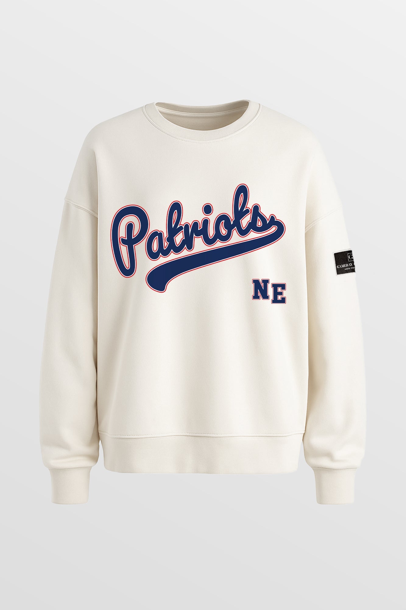 NEW ENGLAND PATRIOTS CLUTCH MOVE BLACK LABEL PREMIUM FLEECE CREW SWEATSHIRT BY RANDI MAHOMES