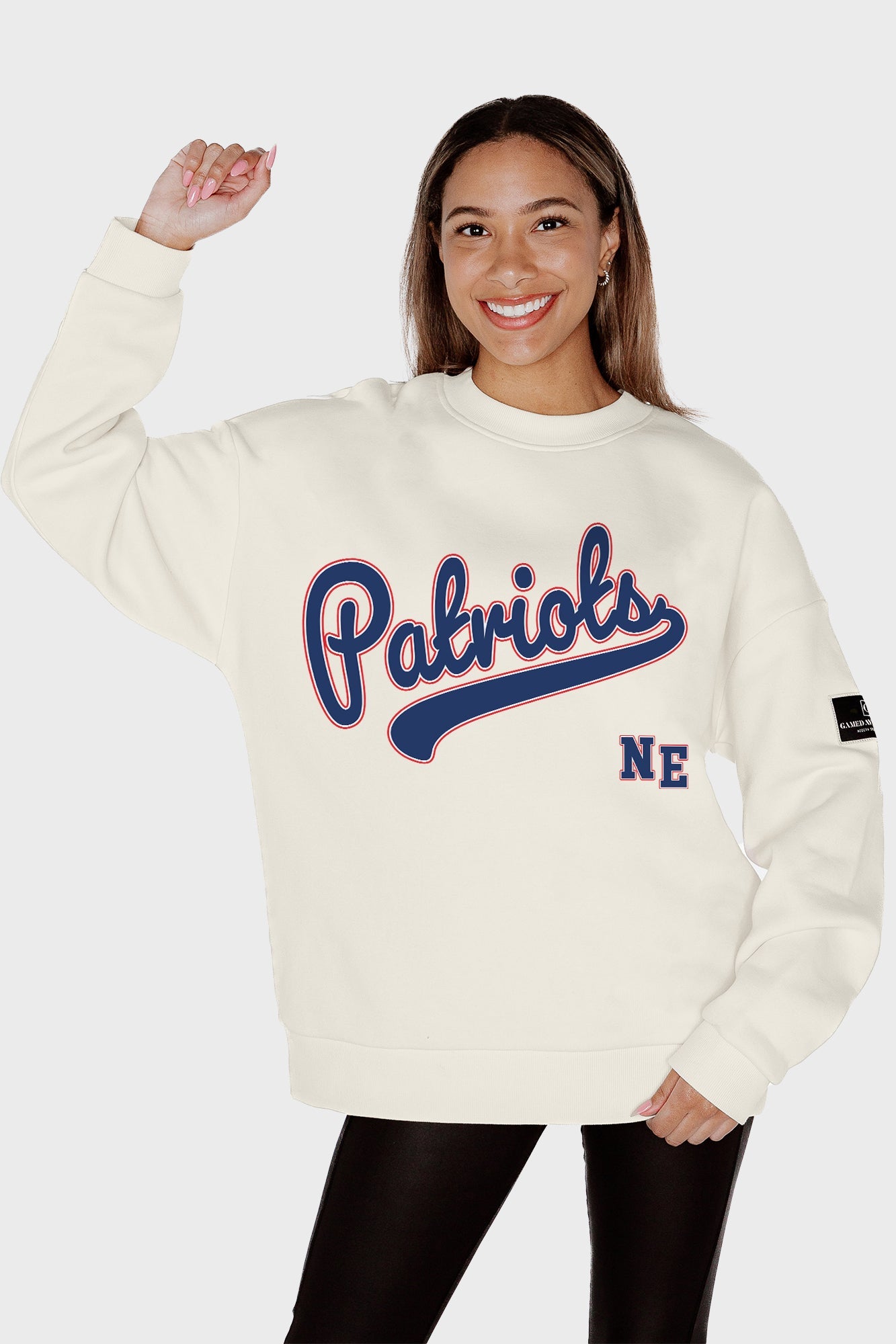 NEW ENGLAND PATRIOTS CLUTCH MOVE BLACK LABEL PREMIUM FLEECE CREW SWEATSHIRT BY RANDI MAHOMES
