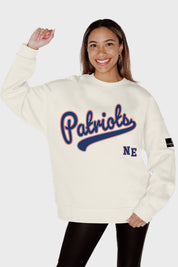 NEW ENGLAND PATRIOTS CLUTCH MOVE BLACK LABEL PREMIUM FLEECE CREW SWEATSHIRT BY RANDI MAHOMES