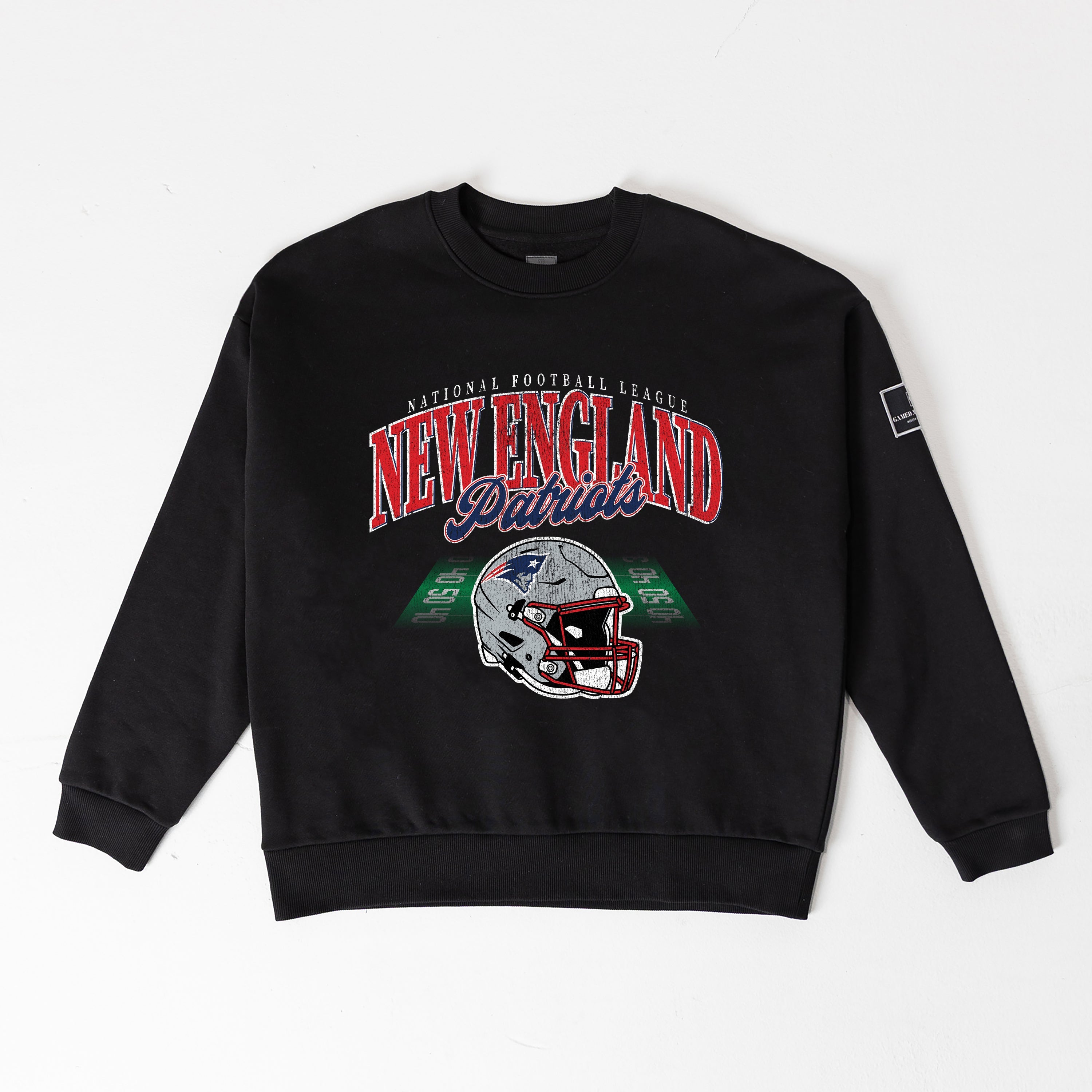 NEW ENGLAND PATRIOTS FIELD FOCUS BLACK LABEL PREMIUM FLEECE DROP SHOULDER CREWNECK