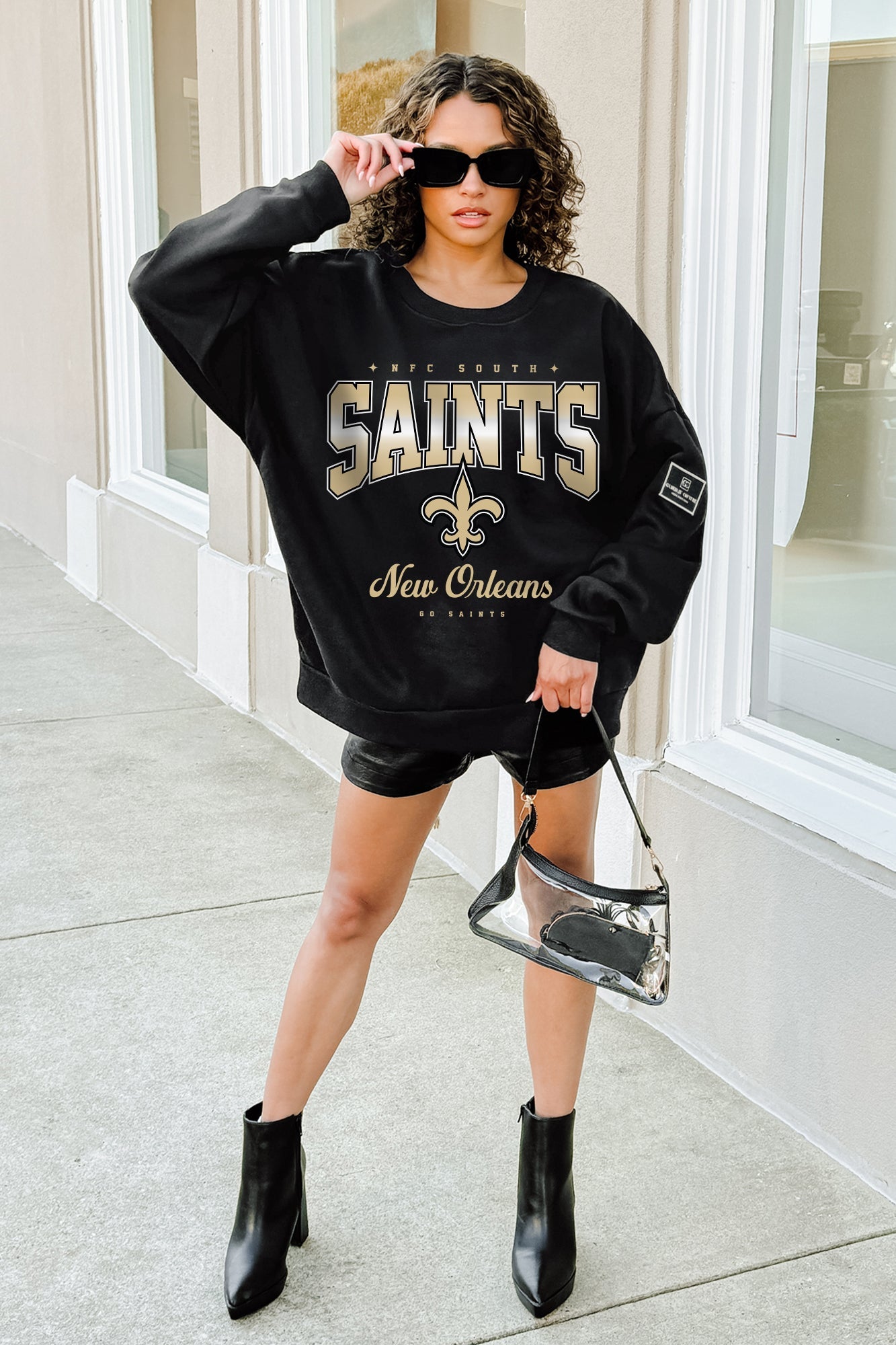 NEW ORLEANS SAINTS POWERHOUSE PLAY BLACK LABEL PREMIUM FLEECE CREW SWEATSHIRT