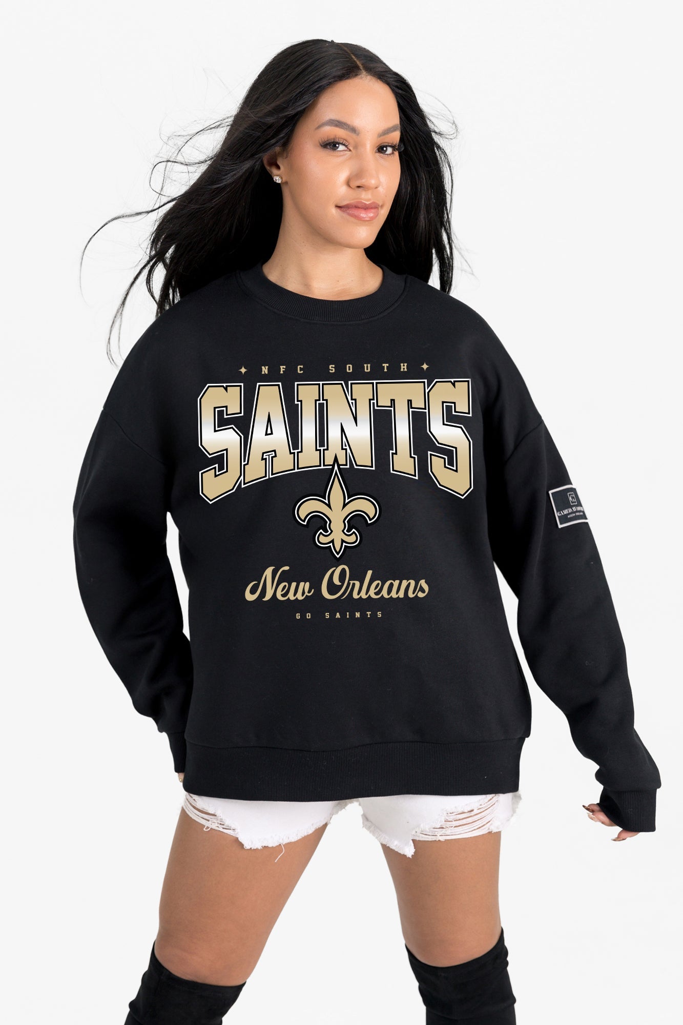 NEW ORLEANS SAINTS POWERHOUSE PLAY BLACK LABEL PREMIUM FLEECE CREW SWEATSHIRT