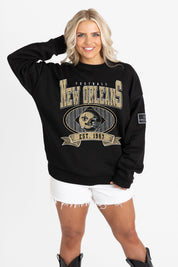 NEW ORLEANS SAINTS BOLD CHEERS BLACK LABEL PREMIUM FLEECE CREW SWEATSHIRT