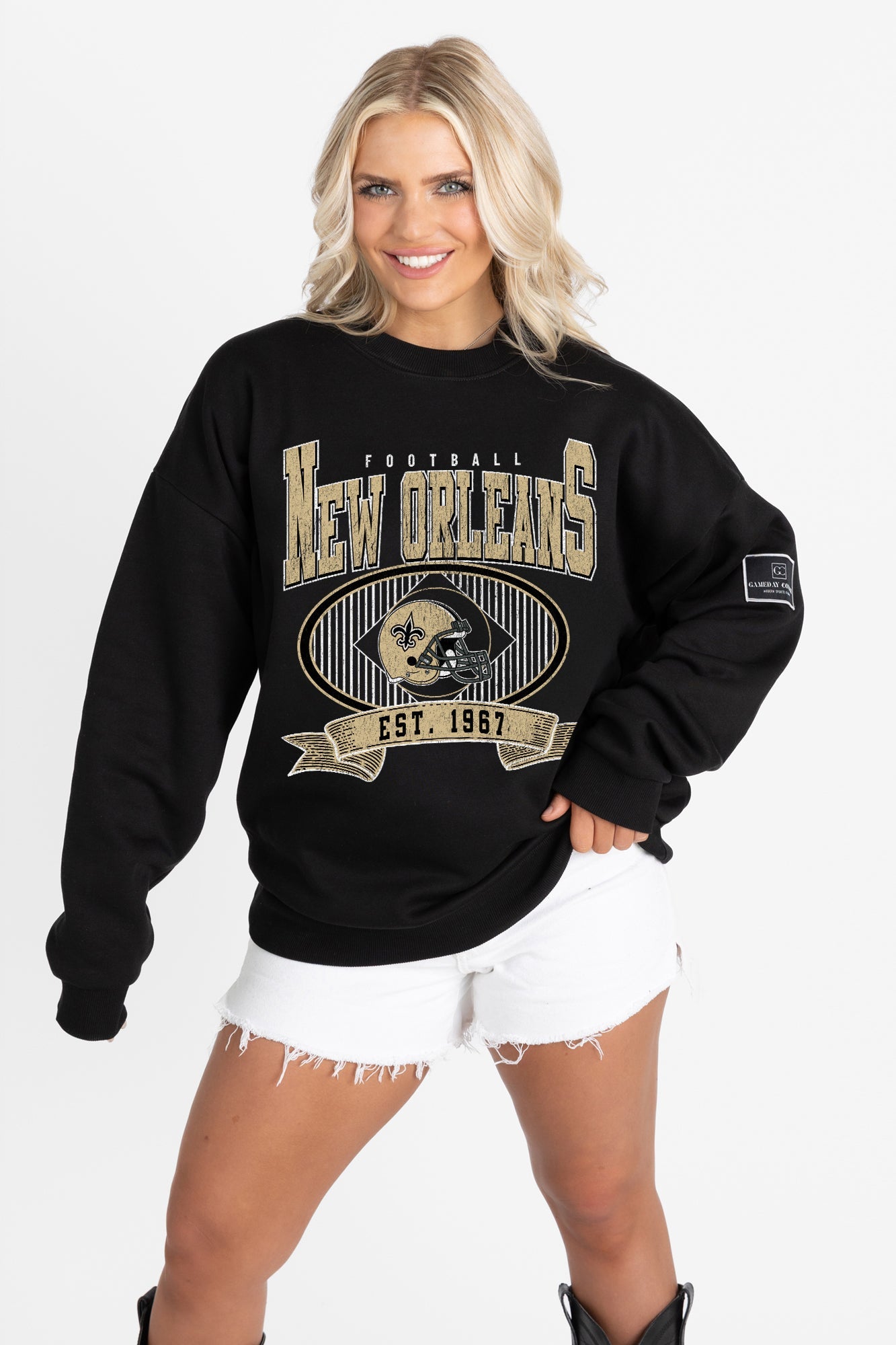 NEW ORLEANS SAINTS BOLD CHEERS BLACK LABEL PREMIUM FLEECE CREW SWEATSHIRT