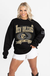 NEW ORLEANS SAINTS BOLD CHEERS BLACK LABEL PREMIUM FLEECE CREW SWEATSHIRT