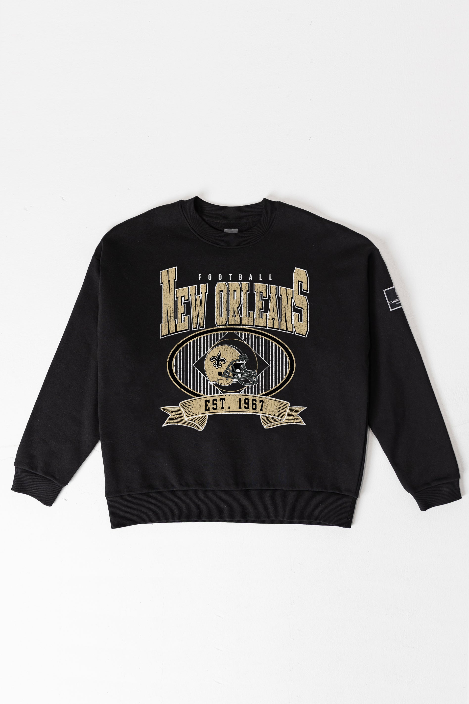 NEW ORLEANS SAINTS BOLD CHEERS BLACK LABEL PREMIUM FLEECE CREW SWEATSHIRT