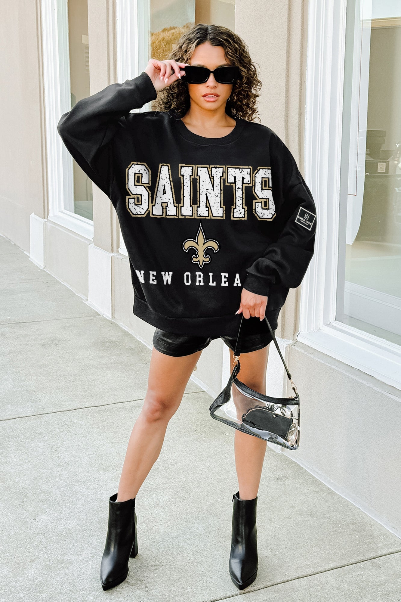 NEW ORLEANS SAINTS LEVEL UP BLACK LABEL PREMIUM FLEECE CREW SWEATSHIRT