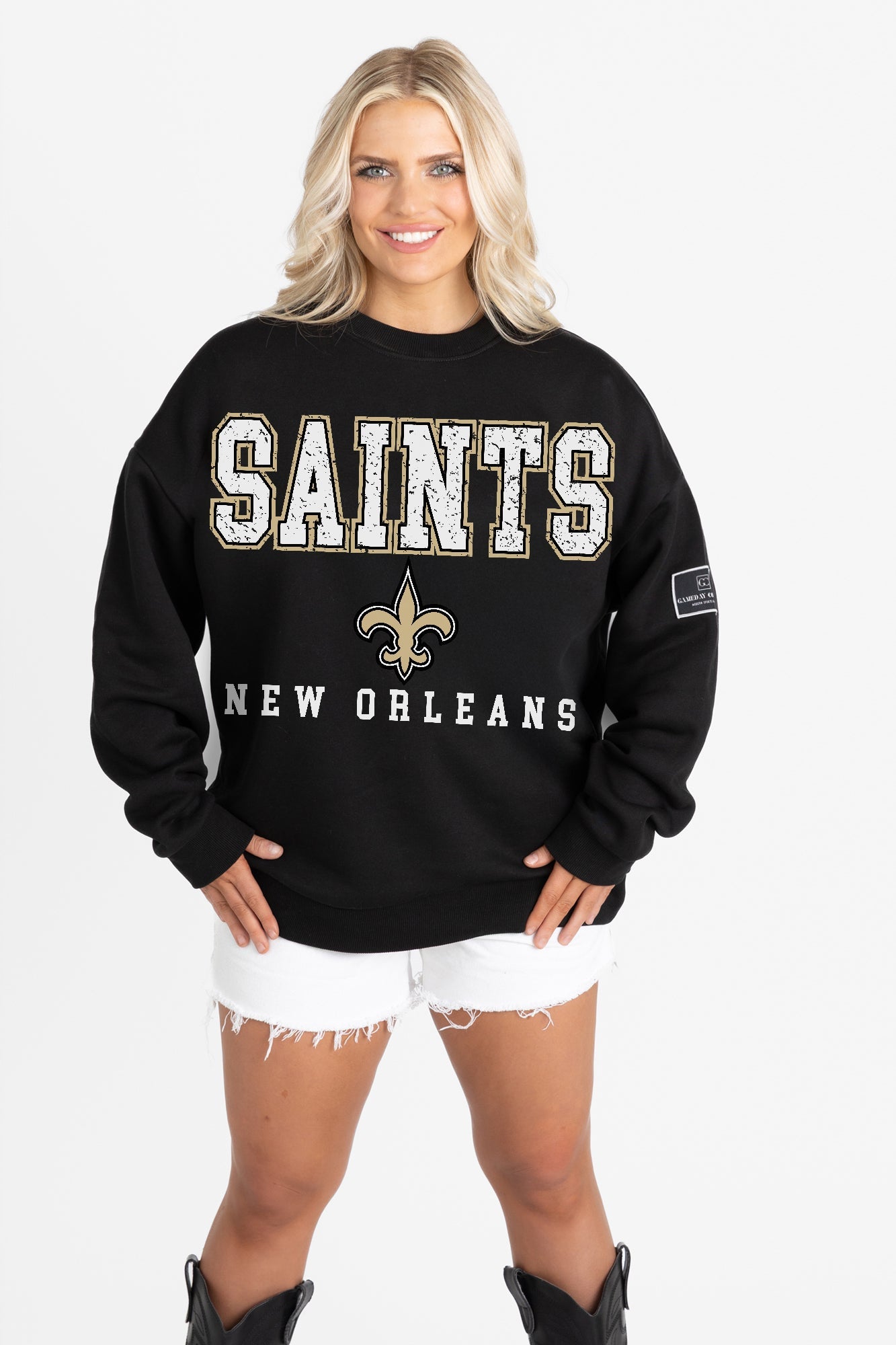 NEW ORLEANS SAINTS LEVEL UP BLACK LABEL PREMIUM FLEECE CREW SWEATSHIRT