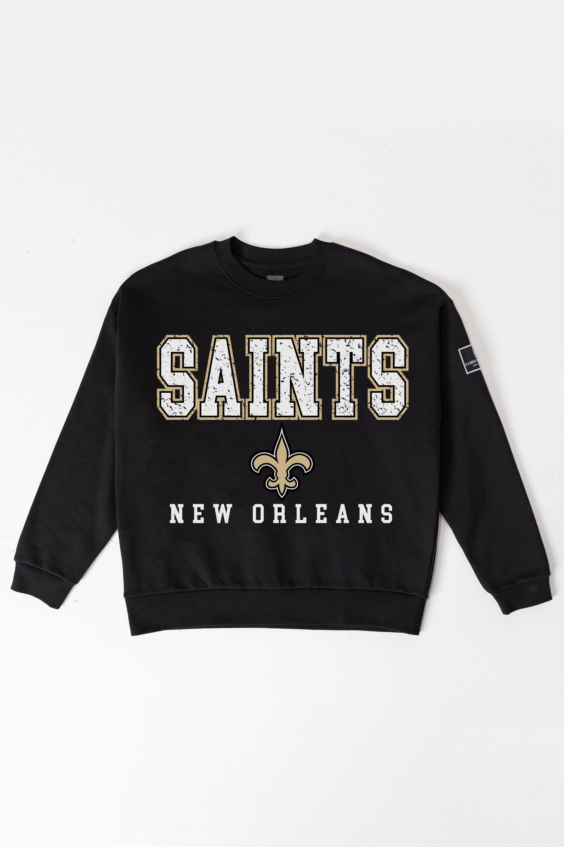 NEW ORLEANS SAINTS LEVEL UP BLACK LABEL PREMIUM FLEECE CREW SWEATSHIRT