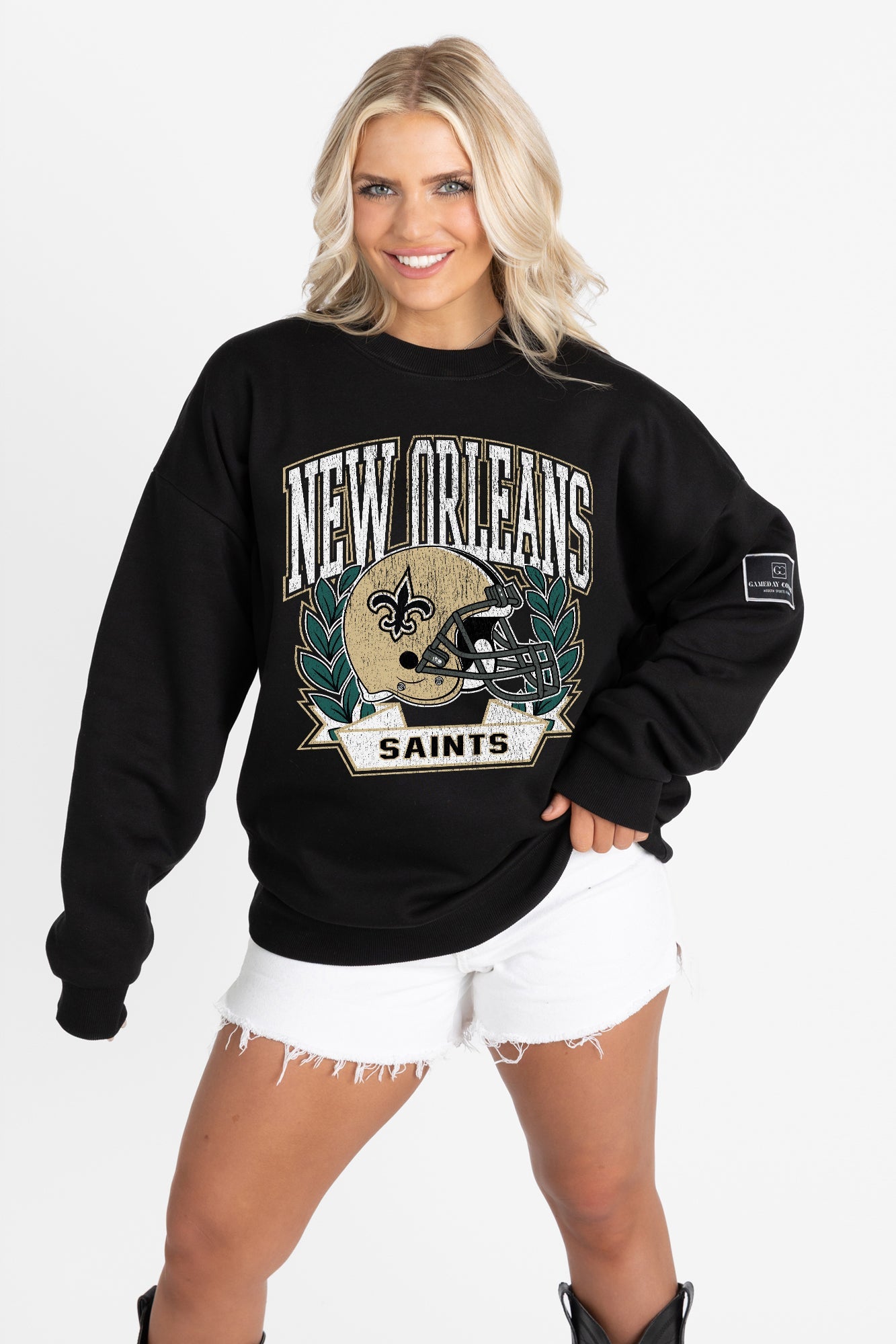 NEW ORLEANS SAINTS VICTORY LANE BLACK LABEL PREMIUM FLEECE CREW SWEATSHIRT