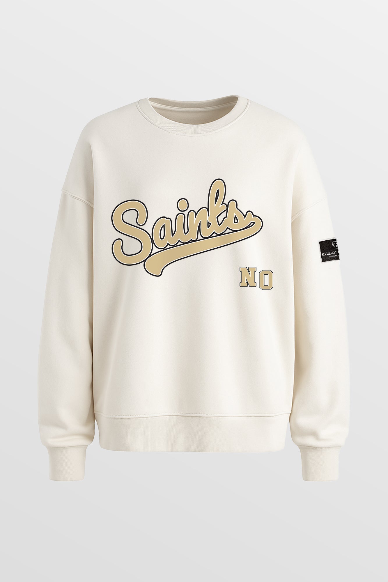 NEW ORLEANS SAINTS CLUTCH MOVE BLACK LABEL PREMIUM FLEECE CREW SWEATSHIRT BY RANDI MAHOMES