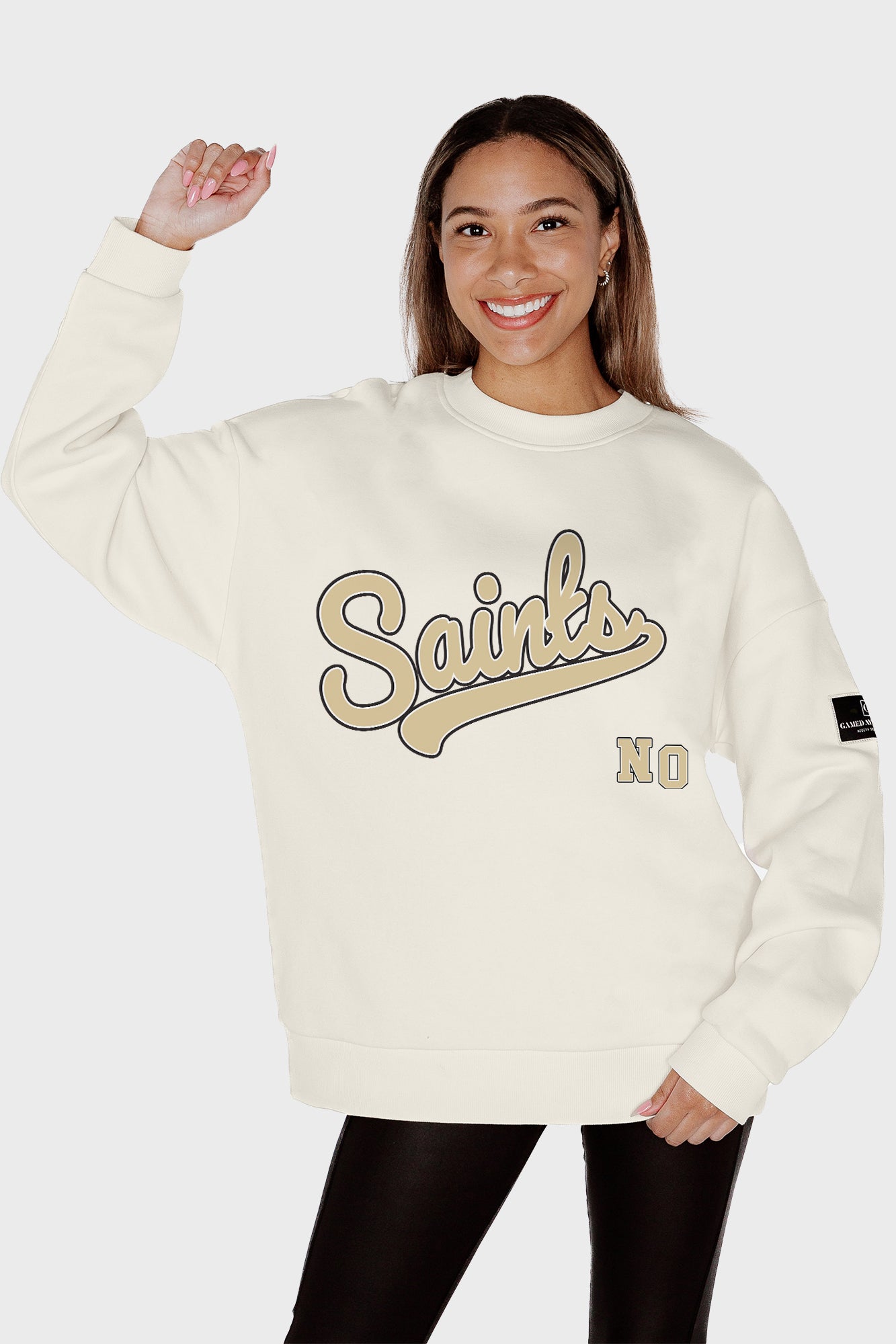 NEW ORLEANS SAINTS CLUTCH MOVE BLACK LABEL PREMIUM FLEECE CREW SWEATSHIRT BY RANDI MAHOMES