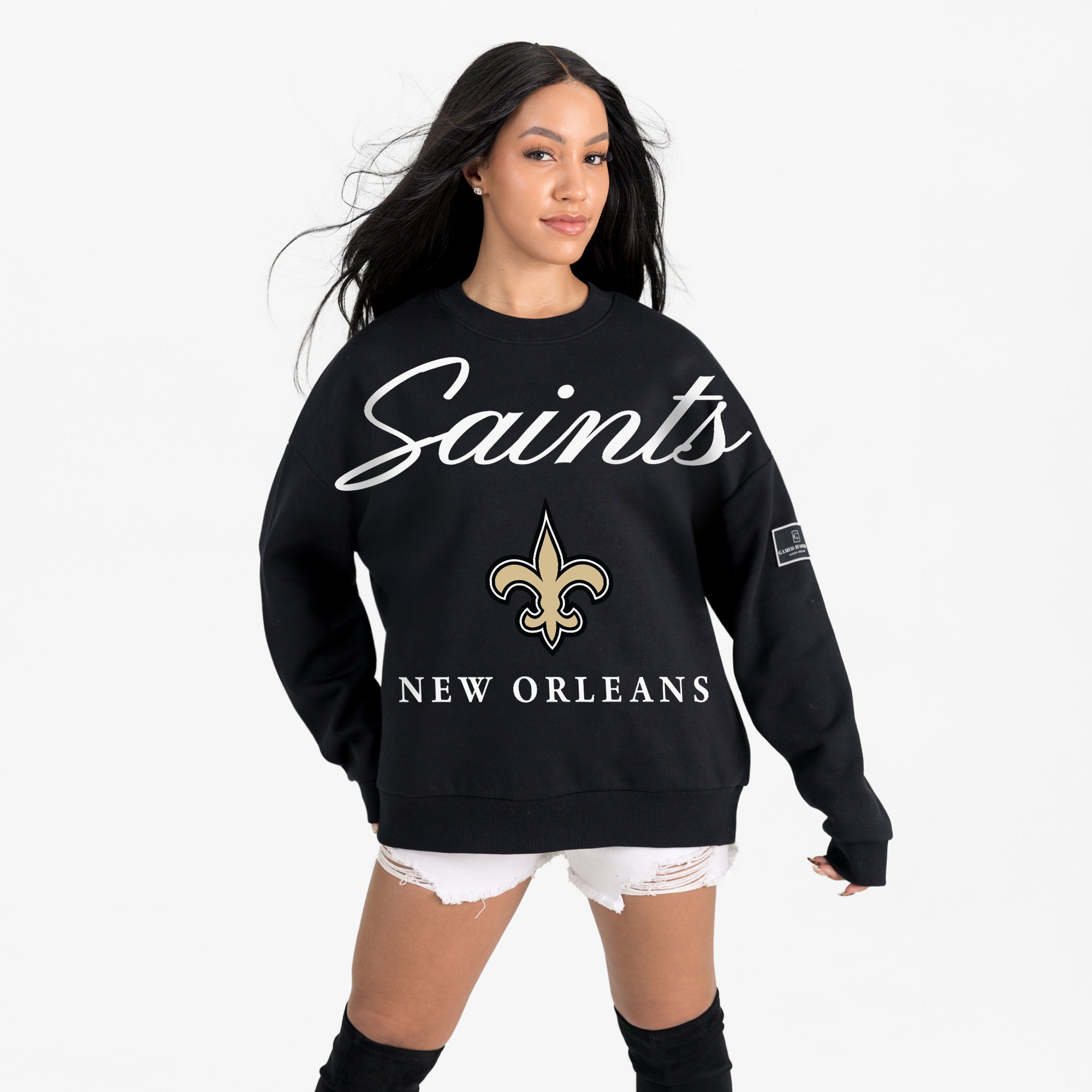 NEW ORLEANS SAINTS LEGACY CLUB BLACK LABEL PREMIUM FLEECE DROP SHOULDER CREWNECK