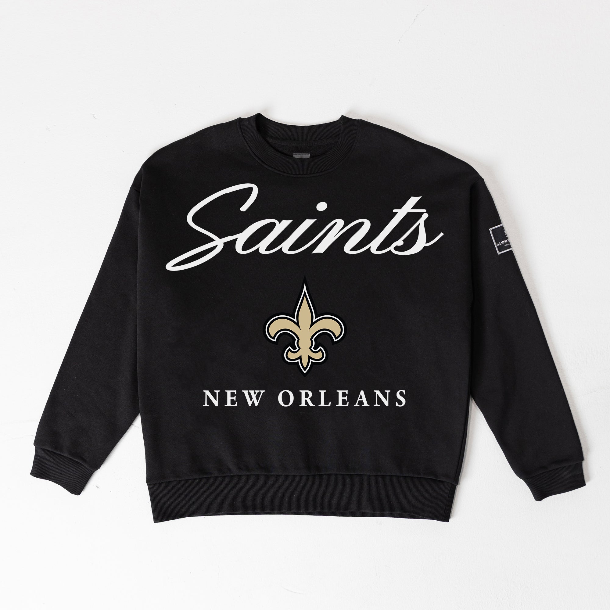 NEW ORLEANS SAINTS LEGACY CLUB BLACK LABEL PREMIUM FLEECE DROP SHOULDER CREWNECK