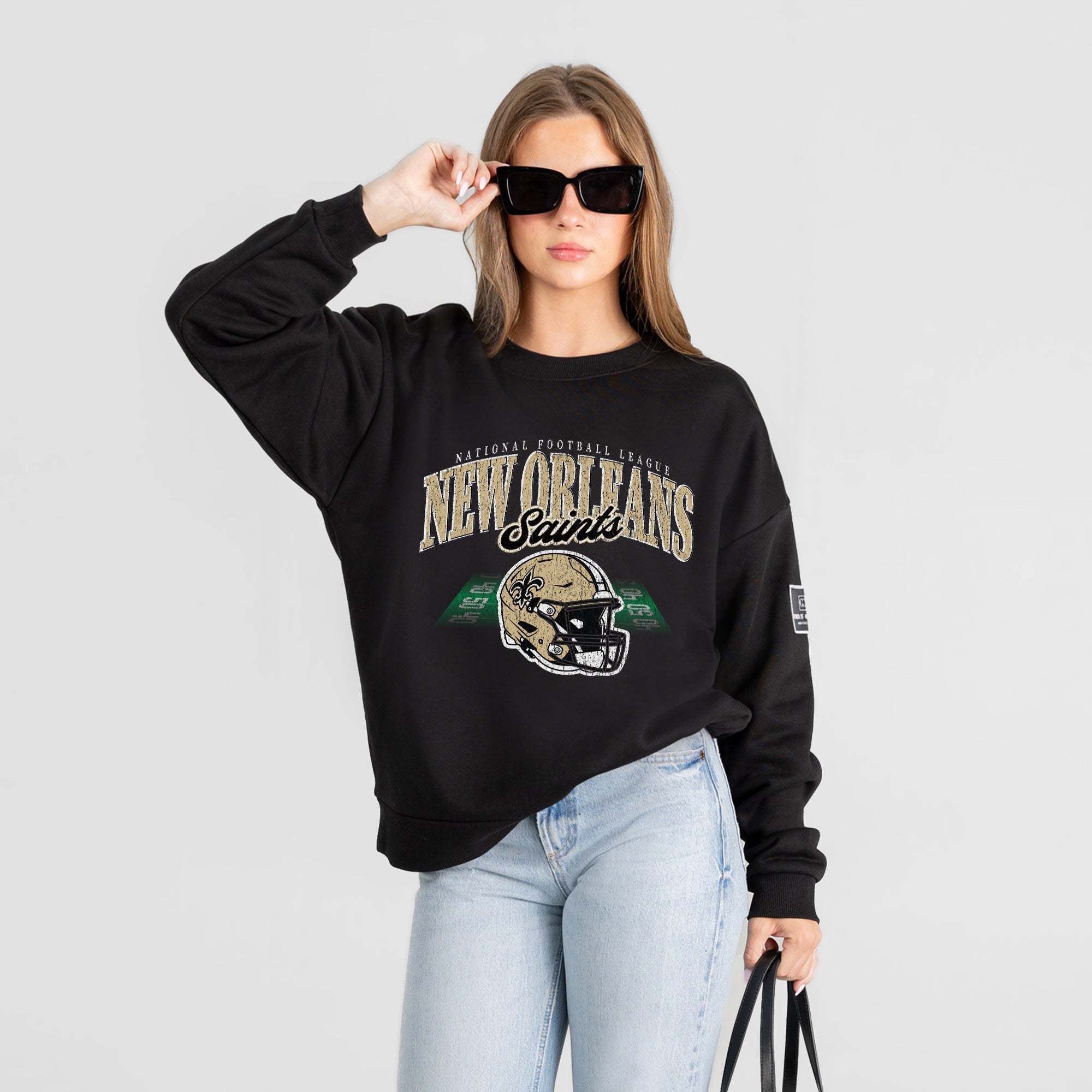 NEW ORLEANS SAINTS FIELD FOCUS BLACK LABEL PREMIUM FLEECE DROP SHOULDER CREWNECK