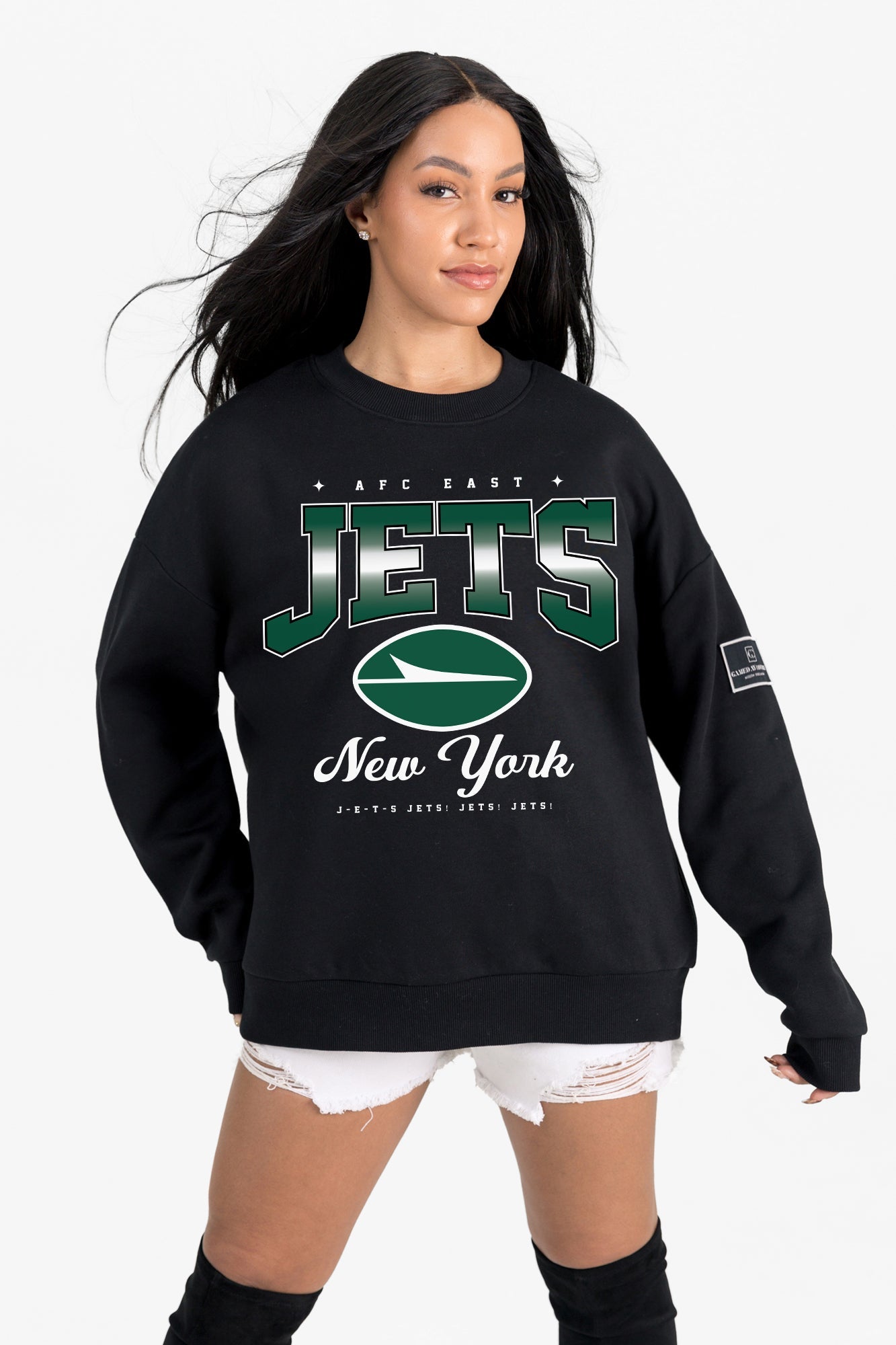 NEW YORK JETS POWERHOUSE PLAY BLACK LABEL PREMIUM FLEECE CREW SWEATSHIRT