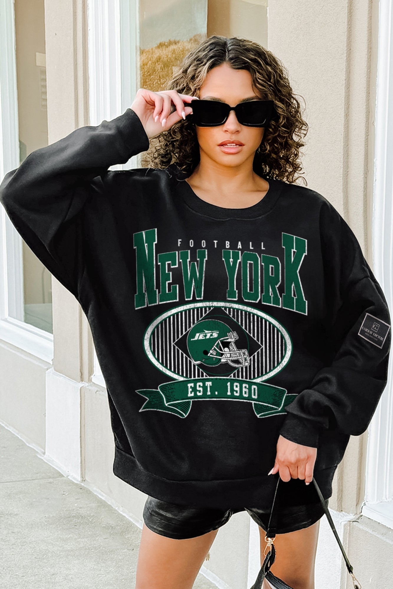 NEW YORK JETS BOLD CHEERS BLACK LABEL PREMIUM FLEECE CREW SWEATSHIRT