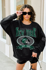 NEW YORK JETS BOLD CHEERS BLACK LABEL PREMIUM FLEECE CREW SWEATSHIRT