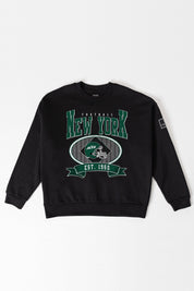 NEW YORK JETS BOLD CHEERS BLACK LABEL PREMIUM FLEECE CREW SWEATSHIRT