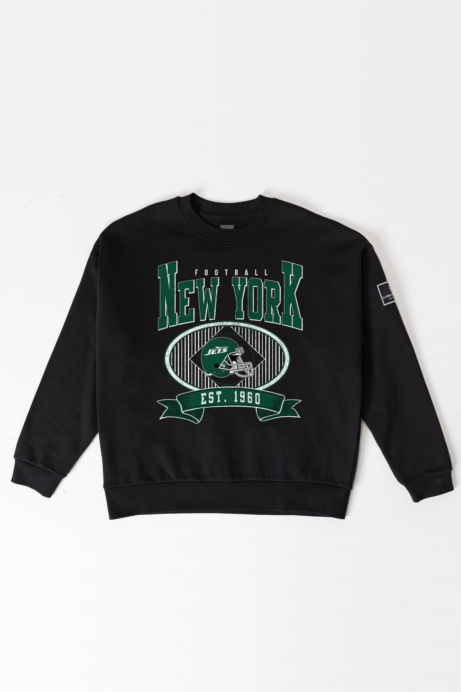 NEW YORK JETS BOLD CHEERS BLACK LABEL PREMIUM FLEECE CREW SWEATSHIRT