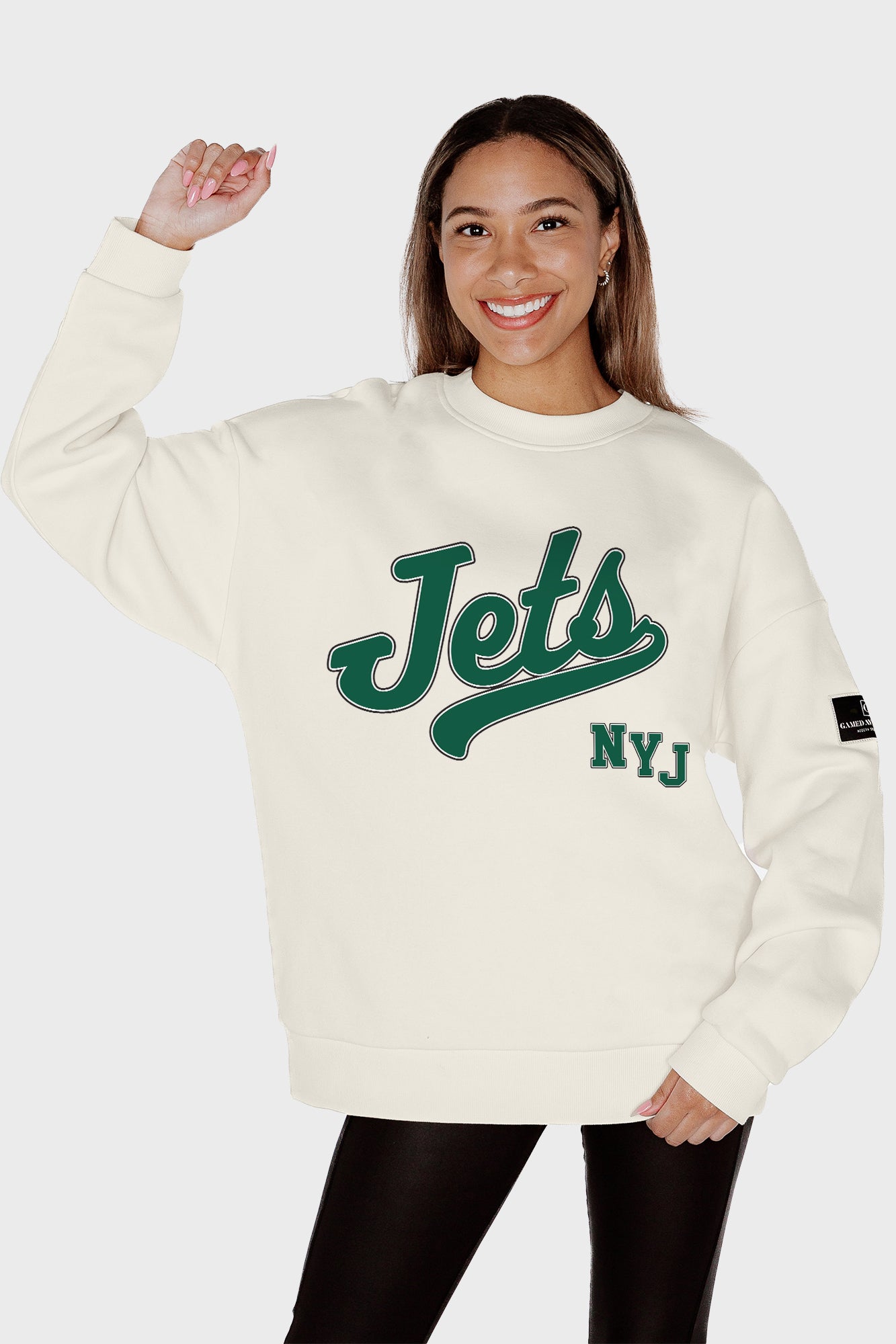 NEW YORK JETS CLUTCH MOVE BLACK LABEL PREMIUM FLEECE CREW SWEATSHIRT BY RANDI MAHOMES