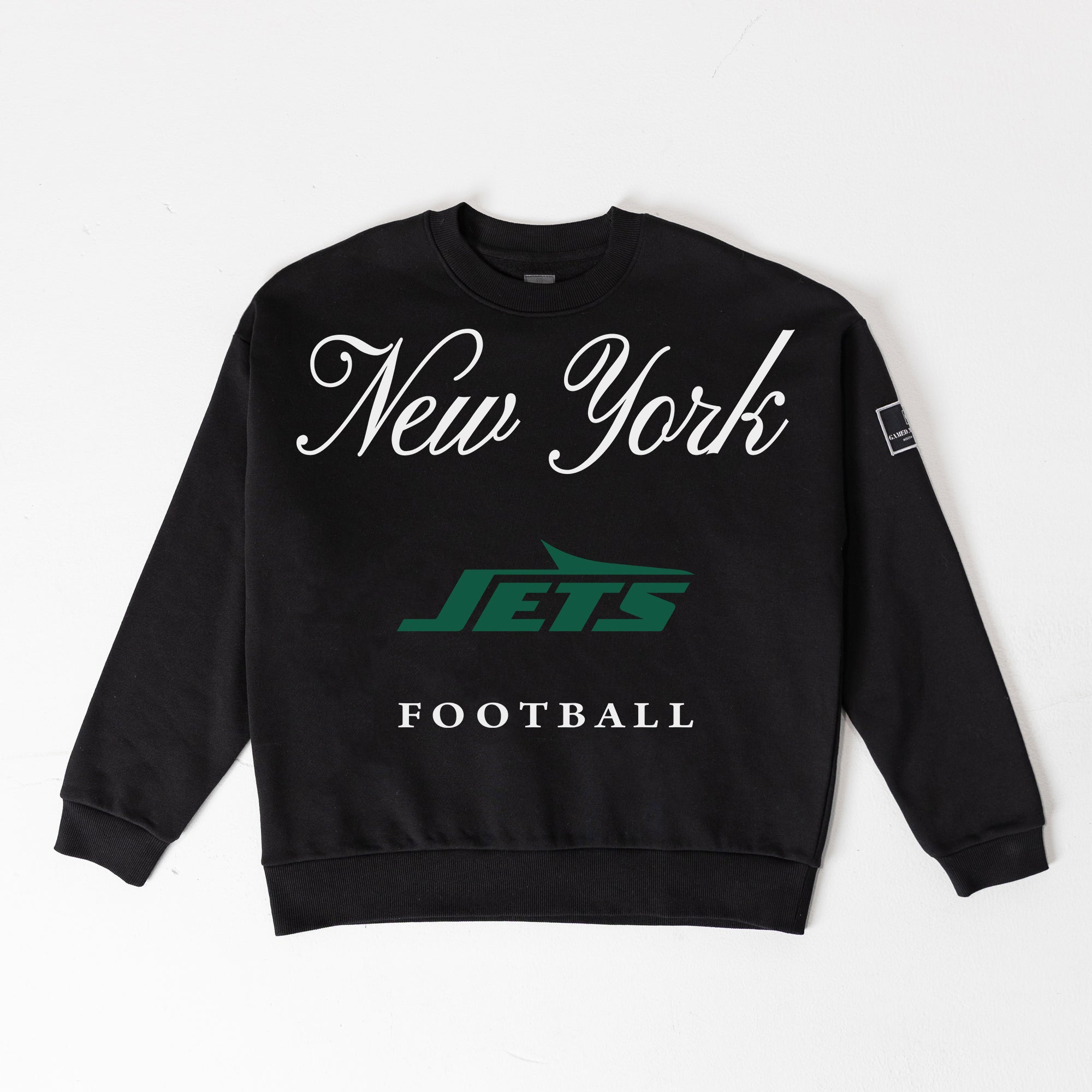 NEW YORK JETS LEGACY CLUB BLACK LABEL PREMIUM FLEECE DROP SHOULDER CREWNECK