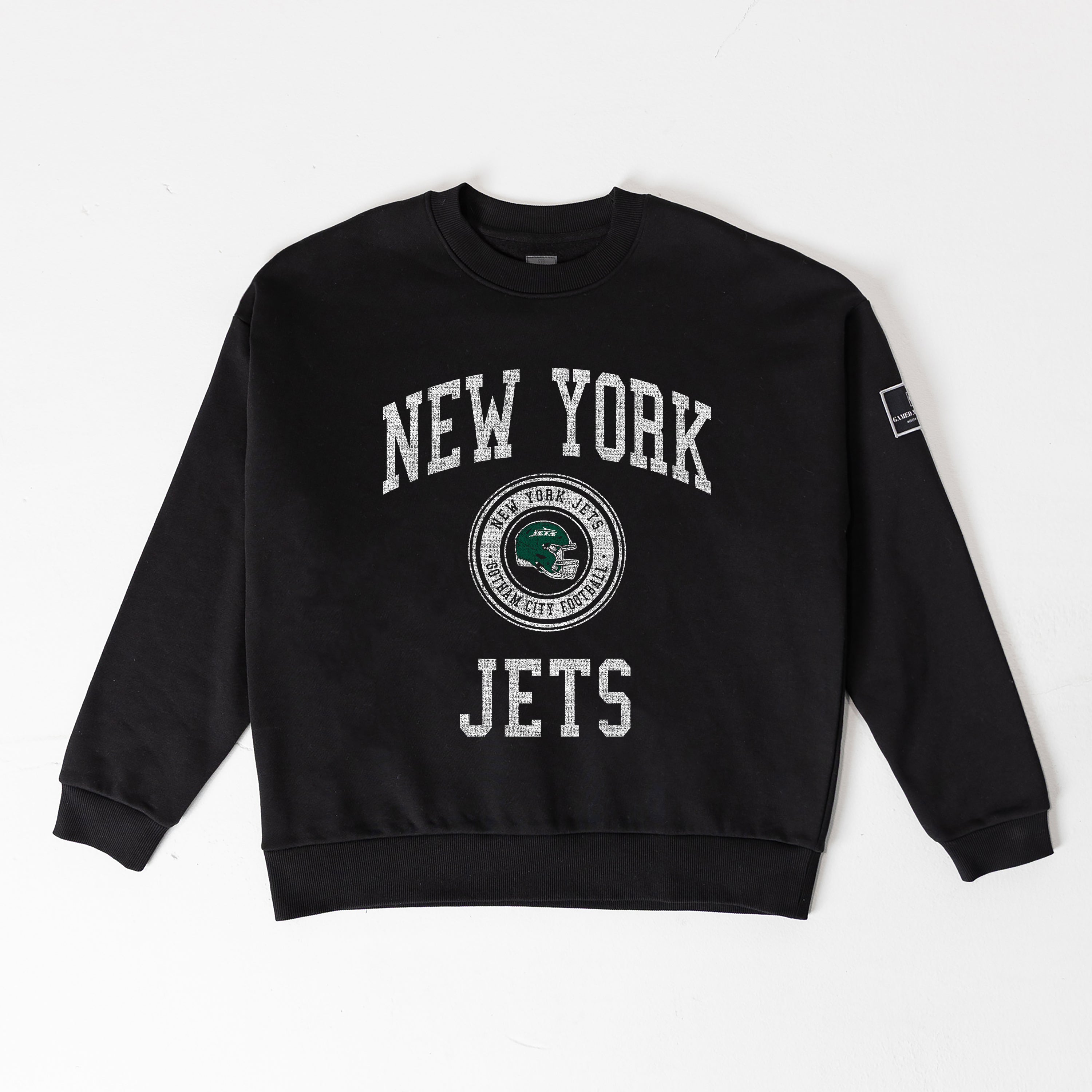 NEW YORK JETS FIERCE FLOW BLACK LABEL PREMIUM FLEECE DROP SHOULDER CREWNECK